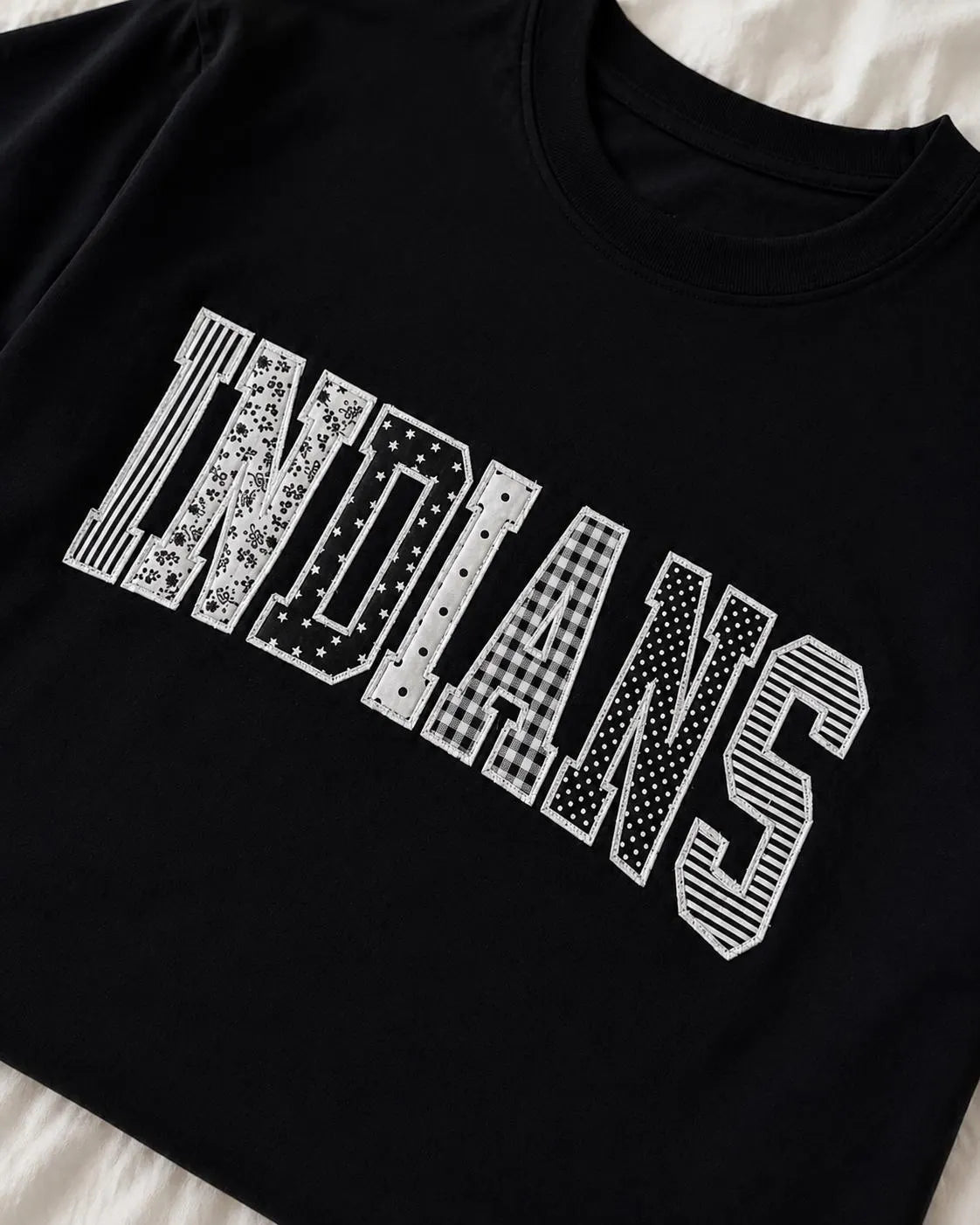 Custom Varsity Patchwork T Shirt, Personalized Applique Embroidered Tee, Black White Team Spirit Shirt, Group Gift Apparel