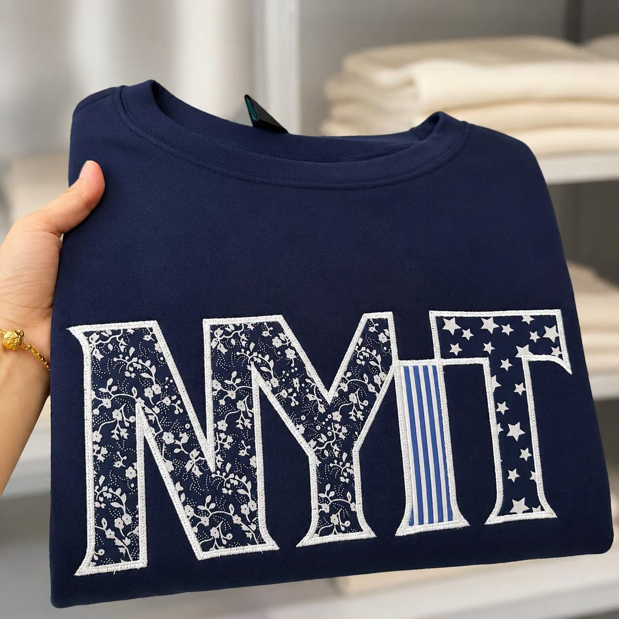 Custom Varsity Patchwork Sweatshirt, Personalized Applique Embroidered Crewneck, Navy College Style Campus Gift Pullover