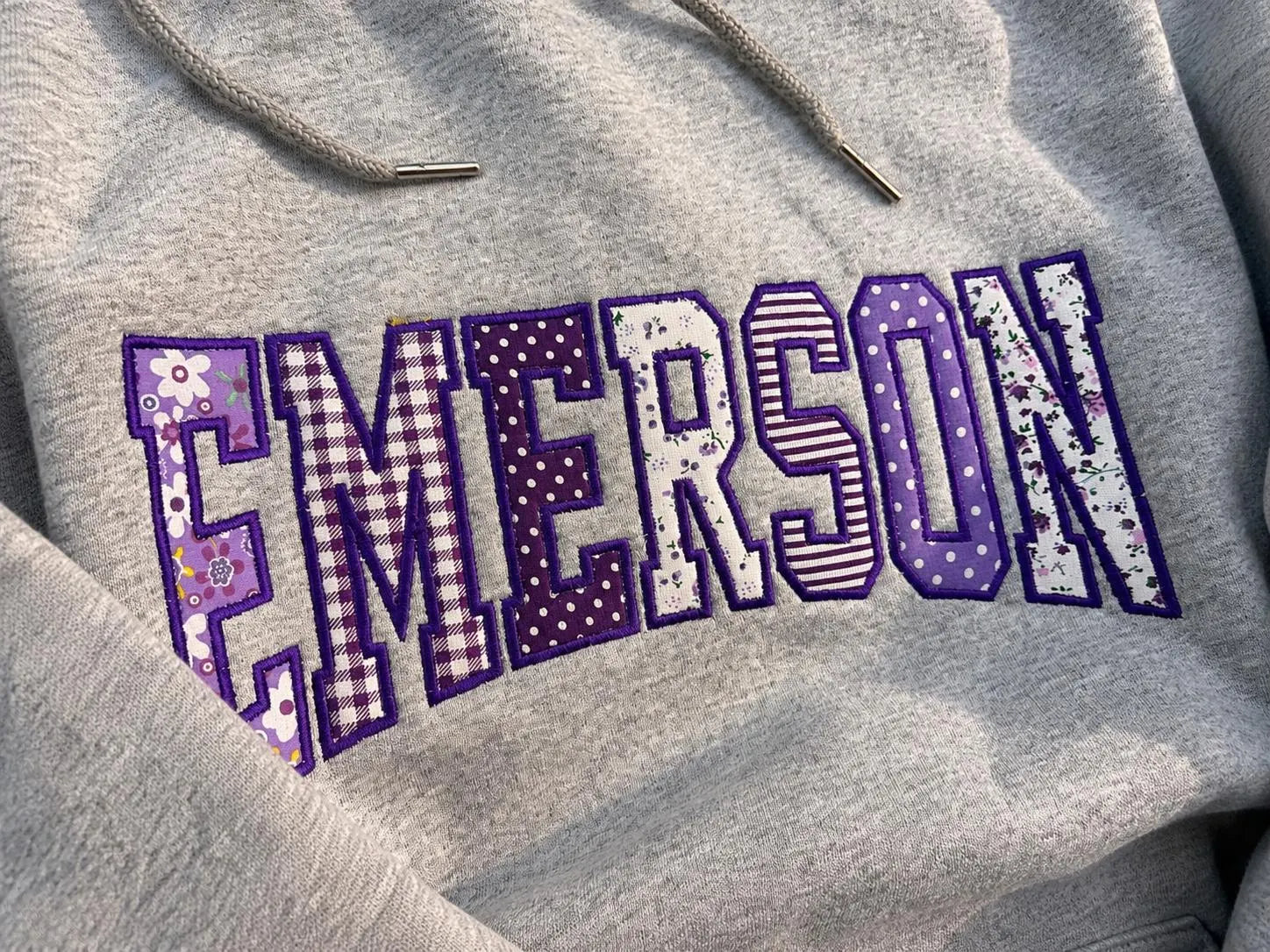 Custom Varsity Patchwork Hoodie, Personalized Applique Embroidered Sweatshirt, Purple College Style Pullover, Campus Gift Hoodie