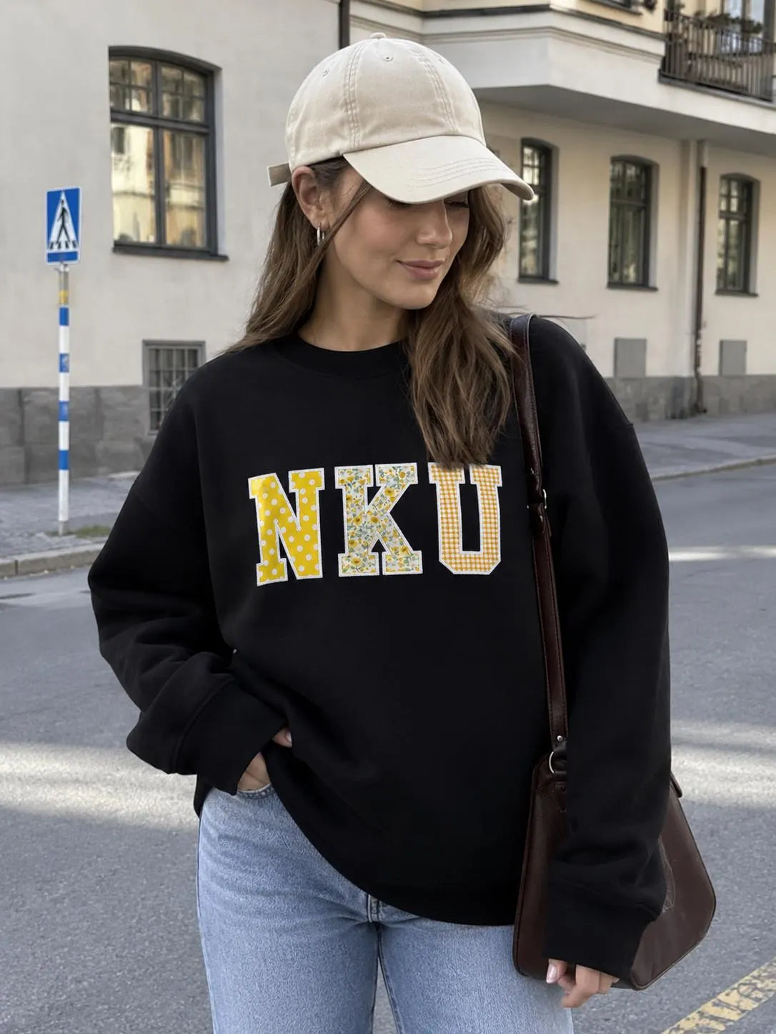 Custom Initials Patchwork Applique Sweatshirt, Personalized Varsity Crewneck, Yellow Floral Gingham College Style Gift