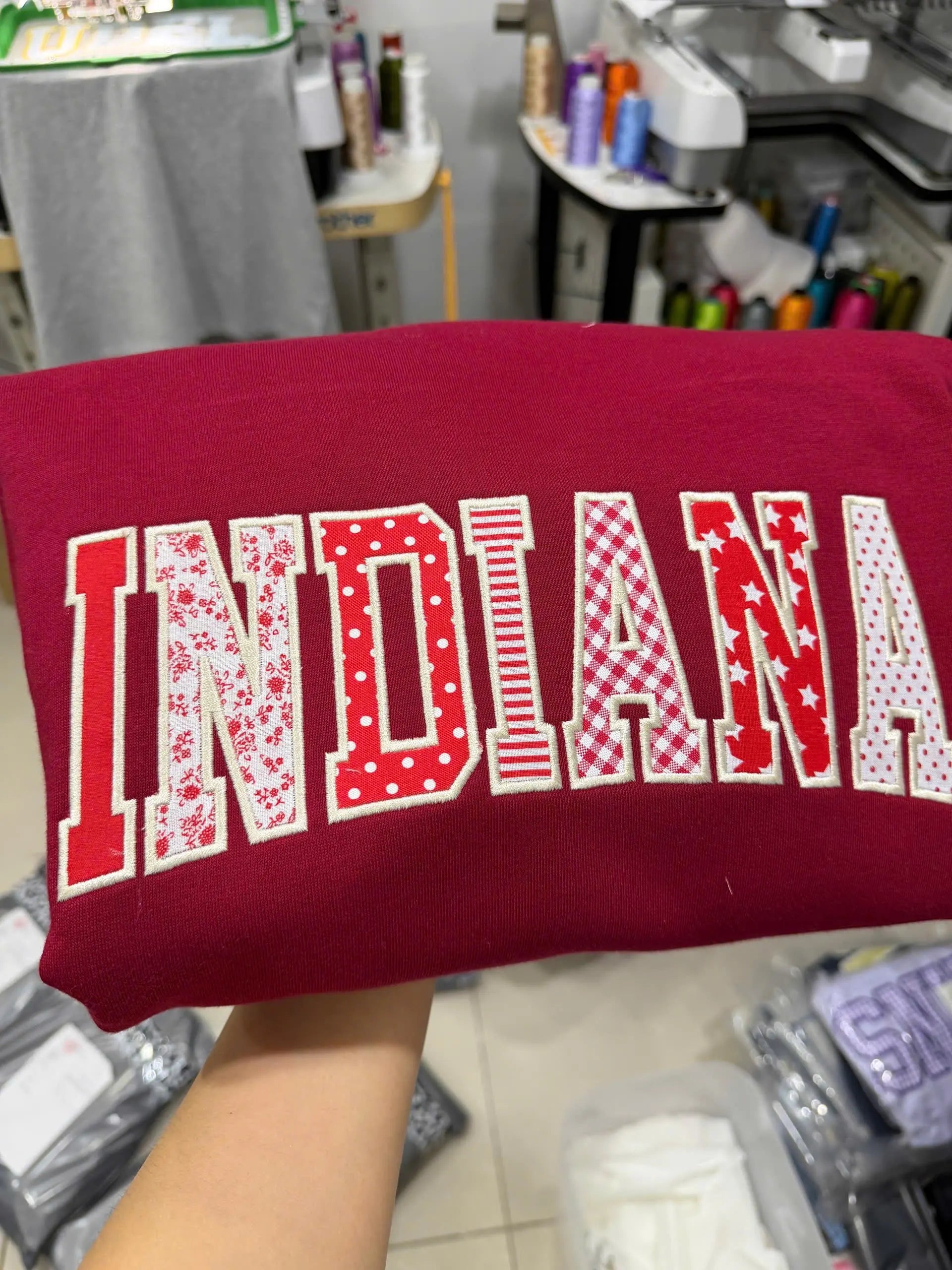 Custom Patchwork Applique Sweatshirt, Personalized Varsity Crewneck, Red White Embroidered College Style Gift