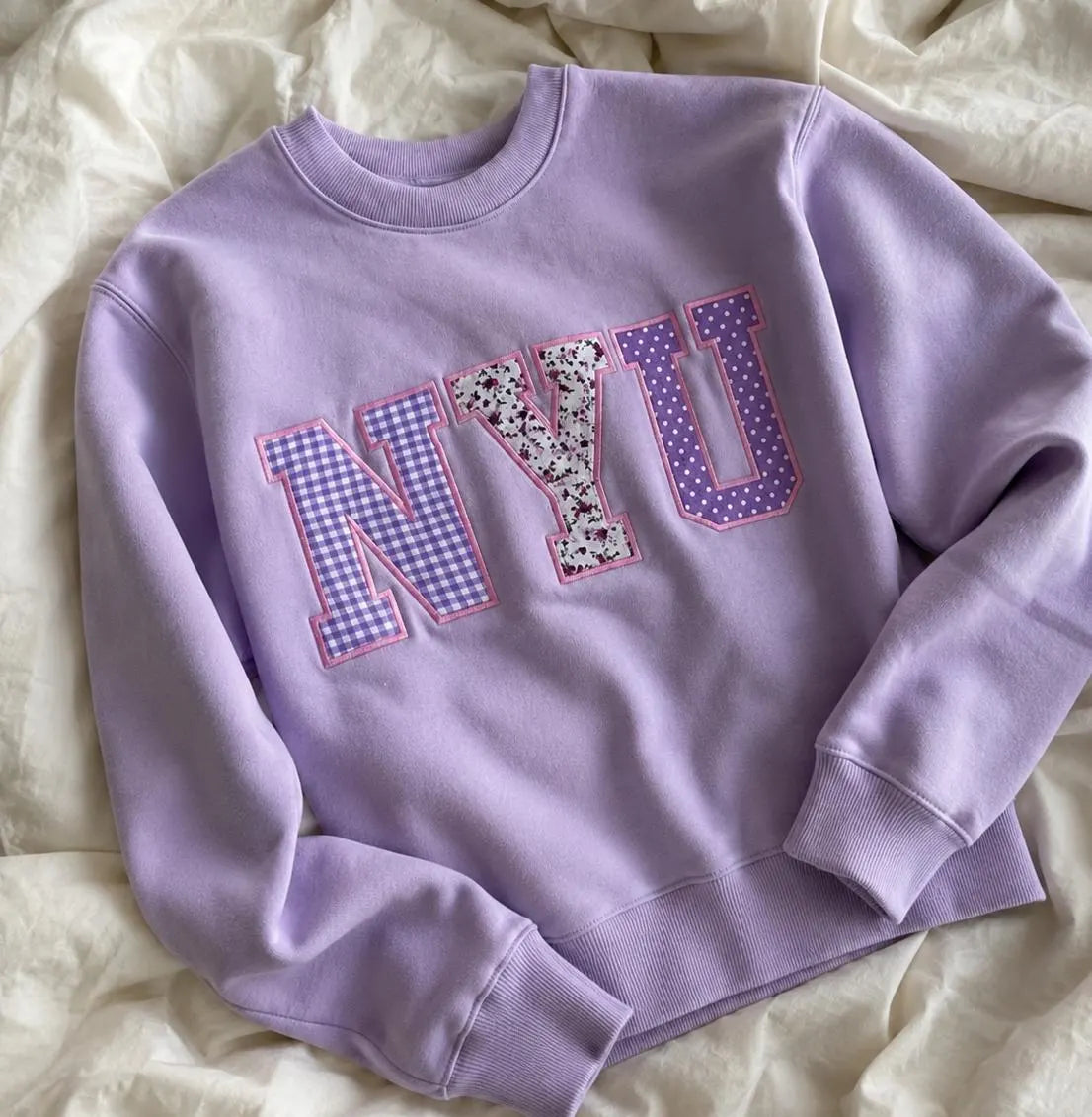 Custom Varsity Patchwork Sweatshirt, Lavender Applique Crewneck, Personalized College Style Embroidered Pullover Gift