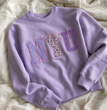 Custom Varsity Patchwork Sweatshirt, Lavender Applique Crewneck, Personalized College Style Embroidered Pullover Gift