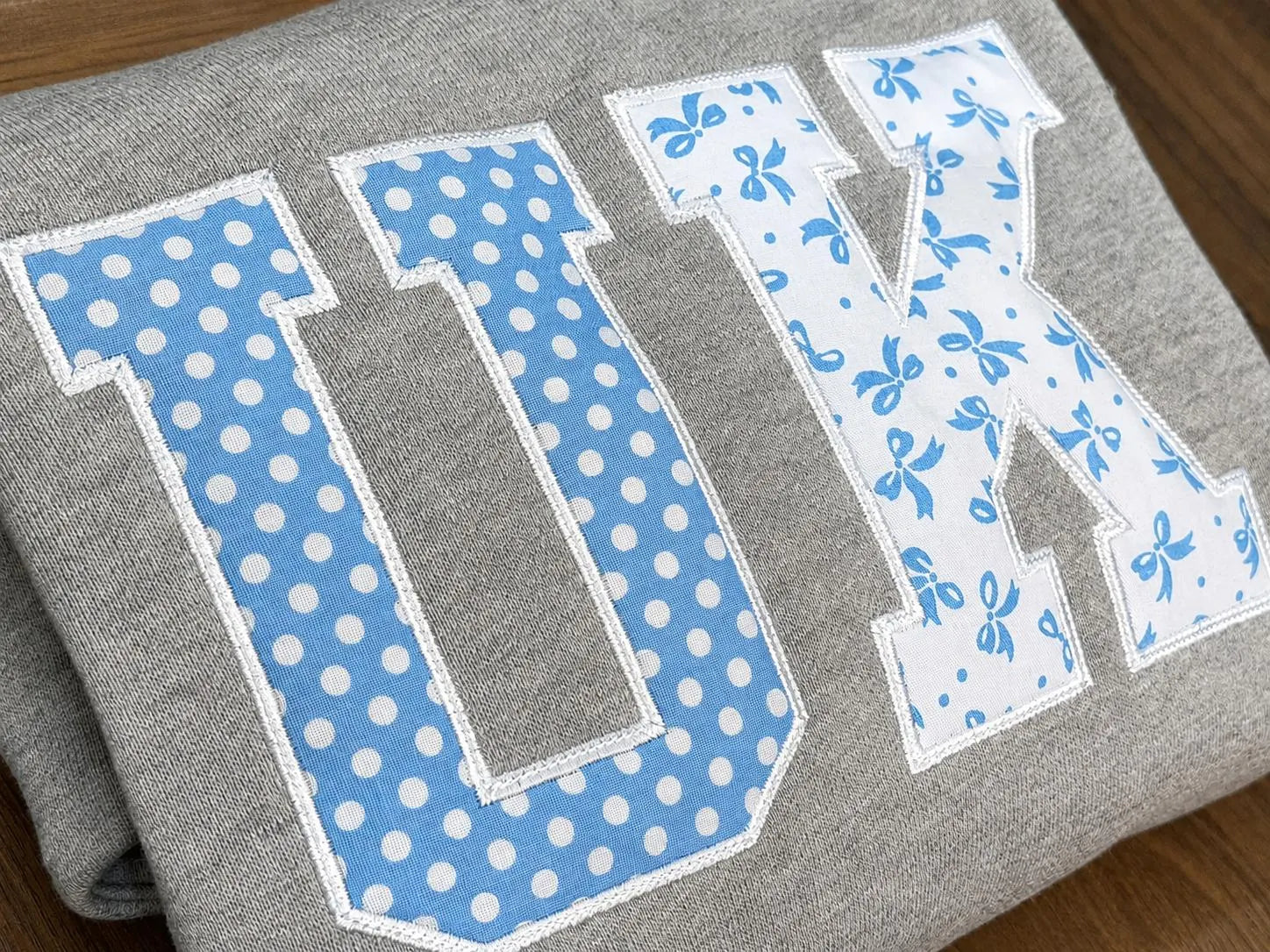 Custom Blue Applique Sweatshirt, Personalized Varsity Embroidered Crewneck, Grey Patchwork Pullover, Student Gift for Her