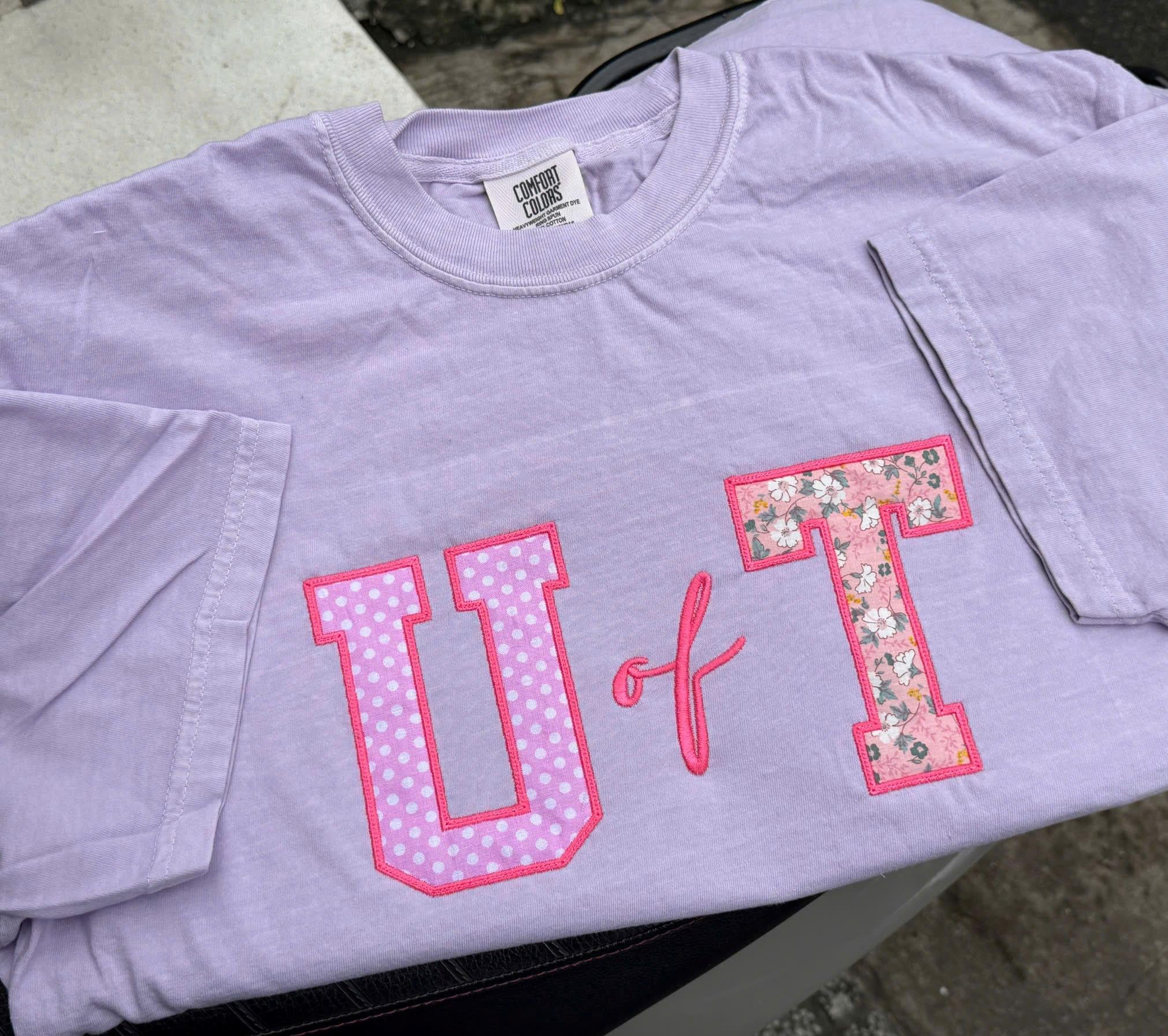 Pink Floral Gingham Applique Sweatshirt, Custom Varsity Letter Crewneck, Personalized Preppy Campus Pullover, Student Gift
