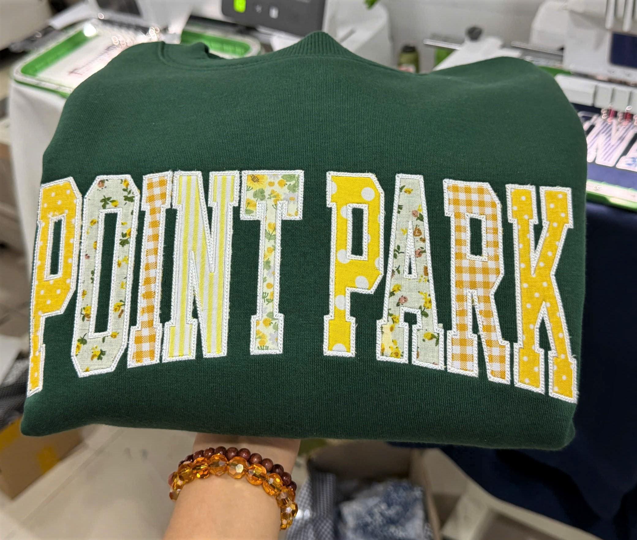 Green Yellow Patchwork Applique Sweatshirt, Custom Varsity Crewneck, Personalized Club Team Text Pullover, School Style Gift