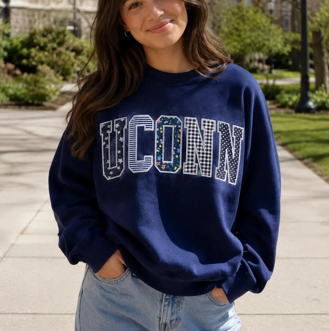 Custom Varsity Patchwork Sweatshirt, Personalized College Style Applique Crewneck, Navy Embroidered Pullover Gift