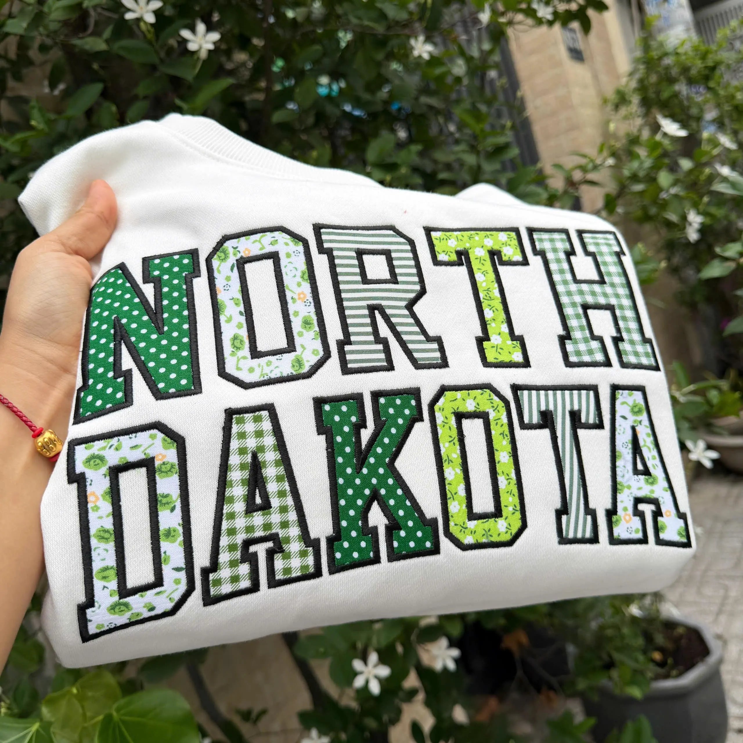 Custom State Patchwork Sweatshirt, Personalized Varsity Applique Crewneck, Gingham Floral Embroidered College Style Gift