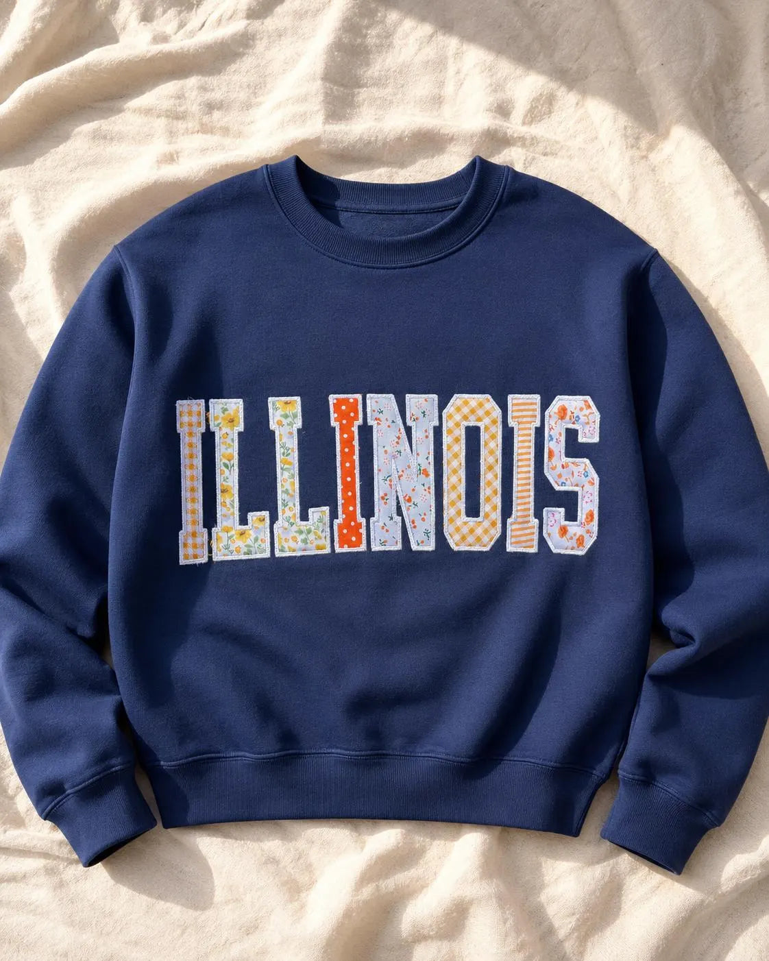 Custom Varsity Patchwork Sweatshirt, Personalized Applique Embroidered Crewneck, Navy Orange College Style Gift Pullover