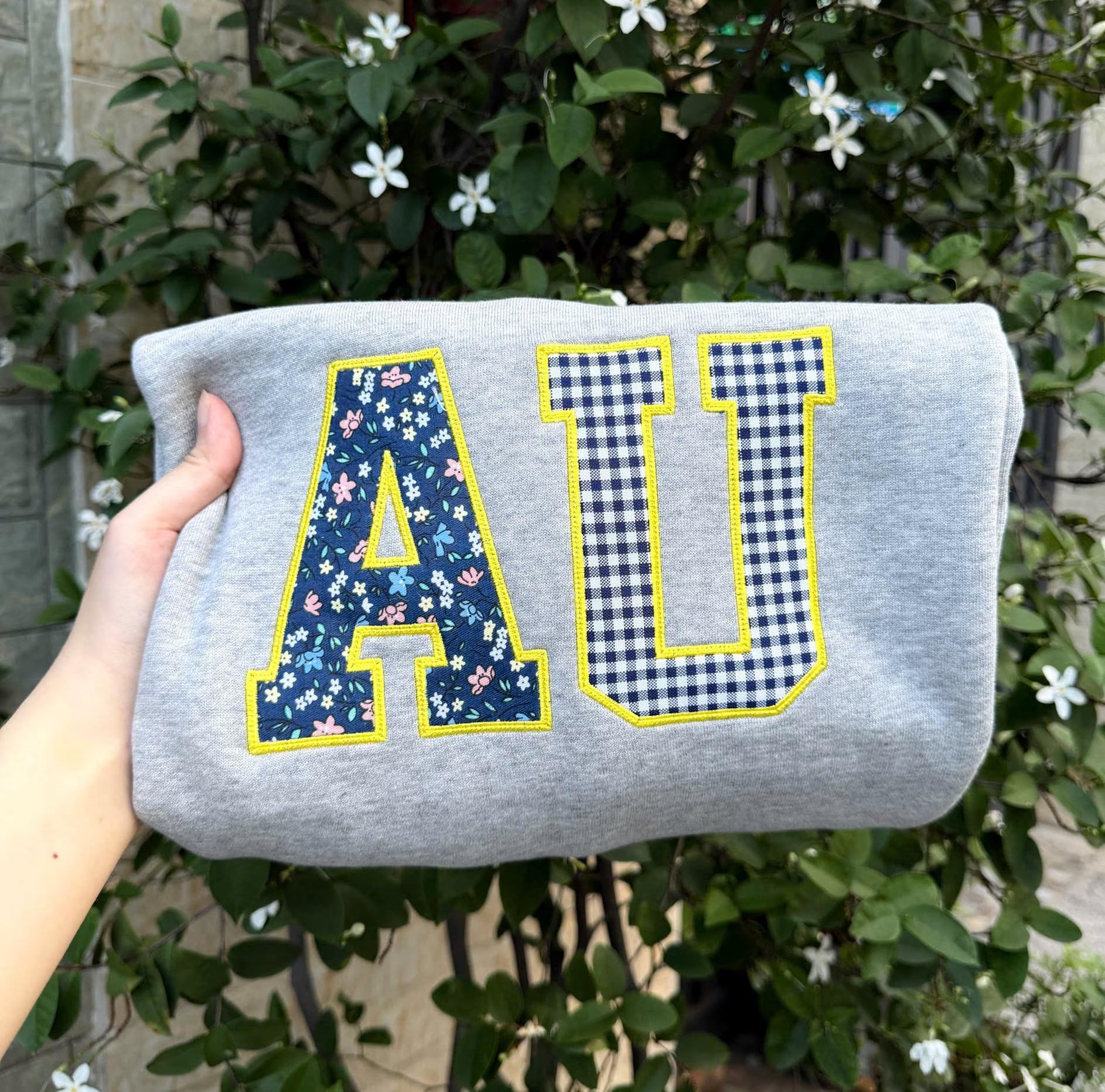Custom College Initials Patchwork Sweatshirt, Personalized Varsity Applique Crewneck, Floral Gingham Embroidered Gift