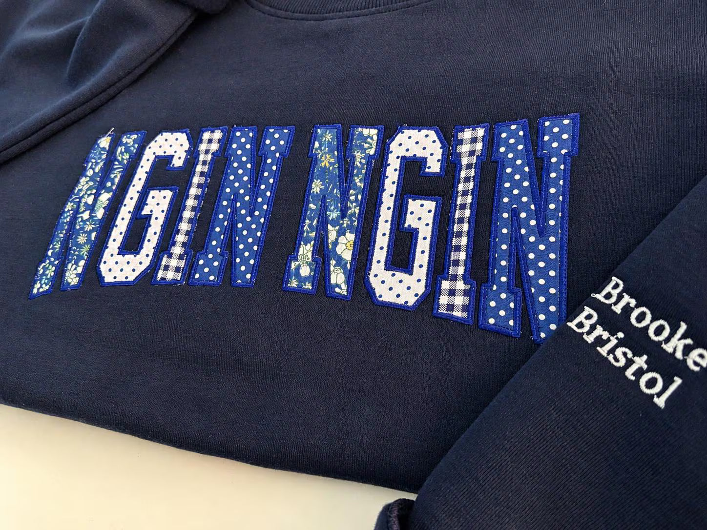 Custom Patchwork Applique Sweatshirt, Personalized Embroidered Crewneck, Name Sleeve College Style Gift Pullover