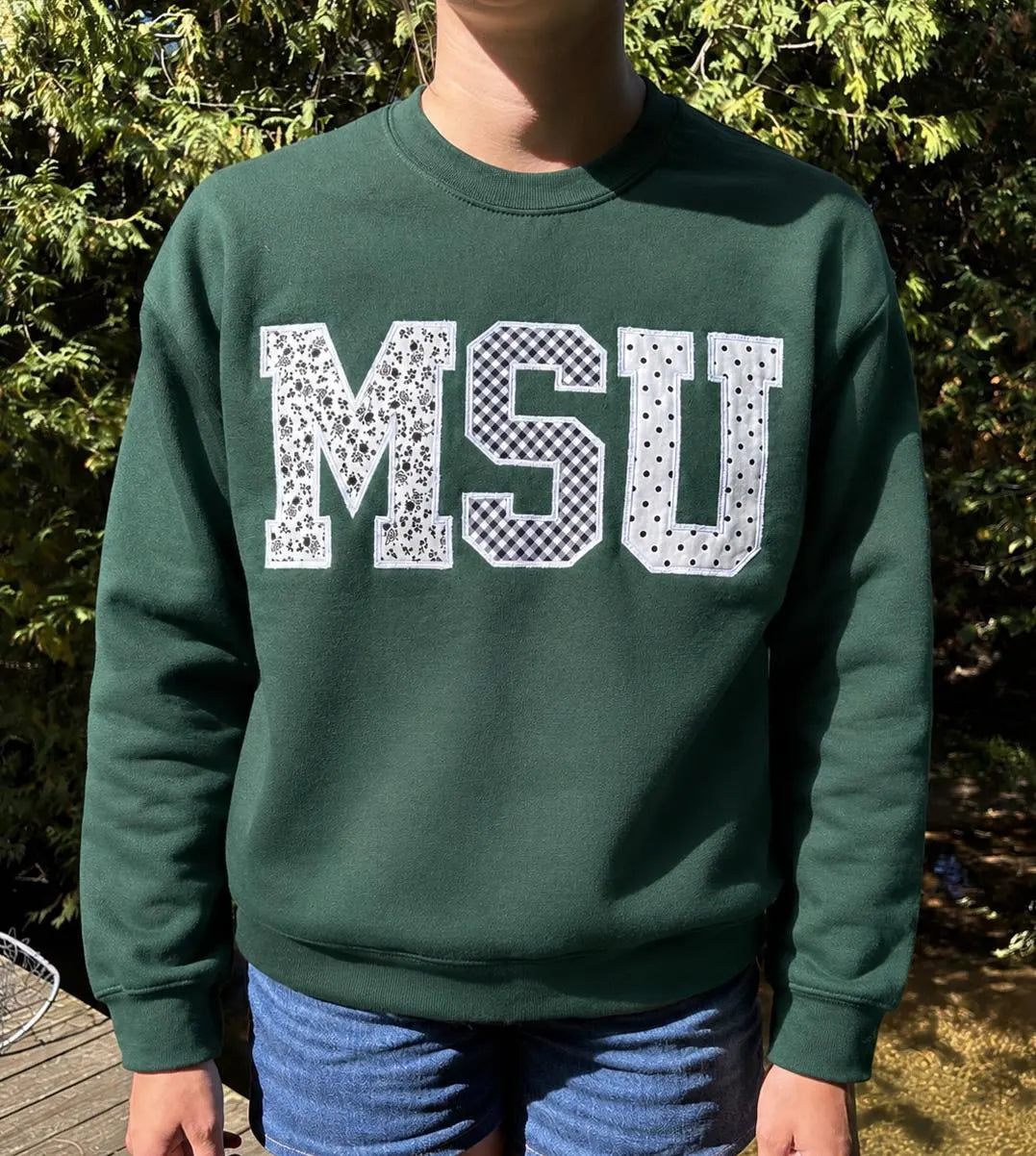 Personalized Varsity Patchwork Sweatshirt, Custom Applique Embroidered Crewneck, Green College Style Gift Pullover