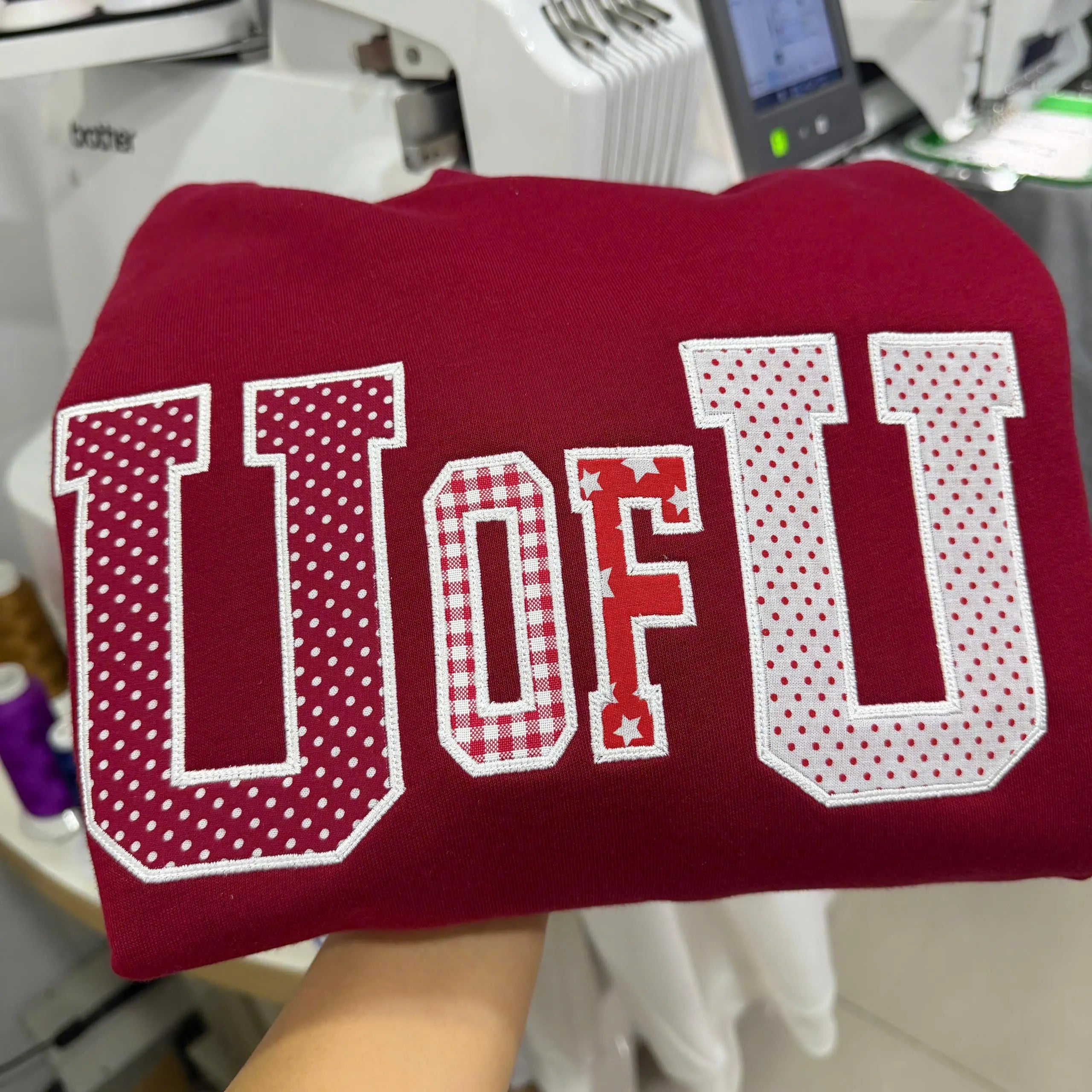 Custom Patchwork Applique Sweatshirt, Personalized Varsity Crewneck, Red White Embroidered College Style Gift