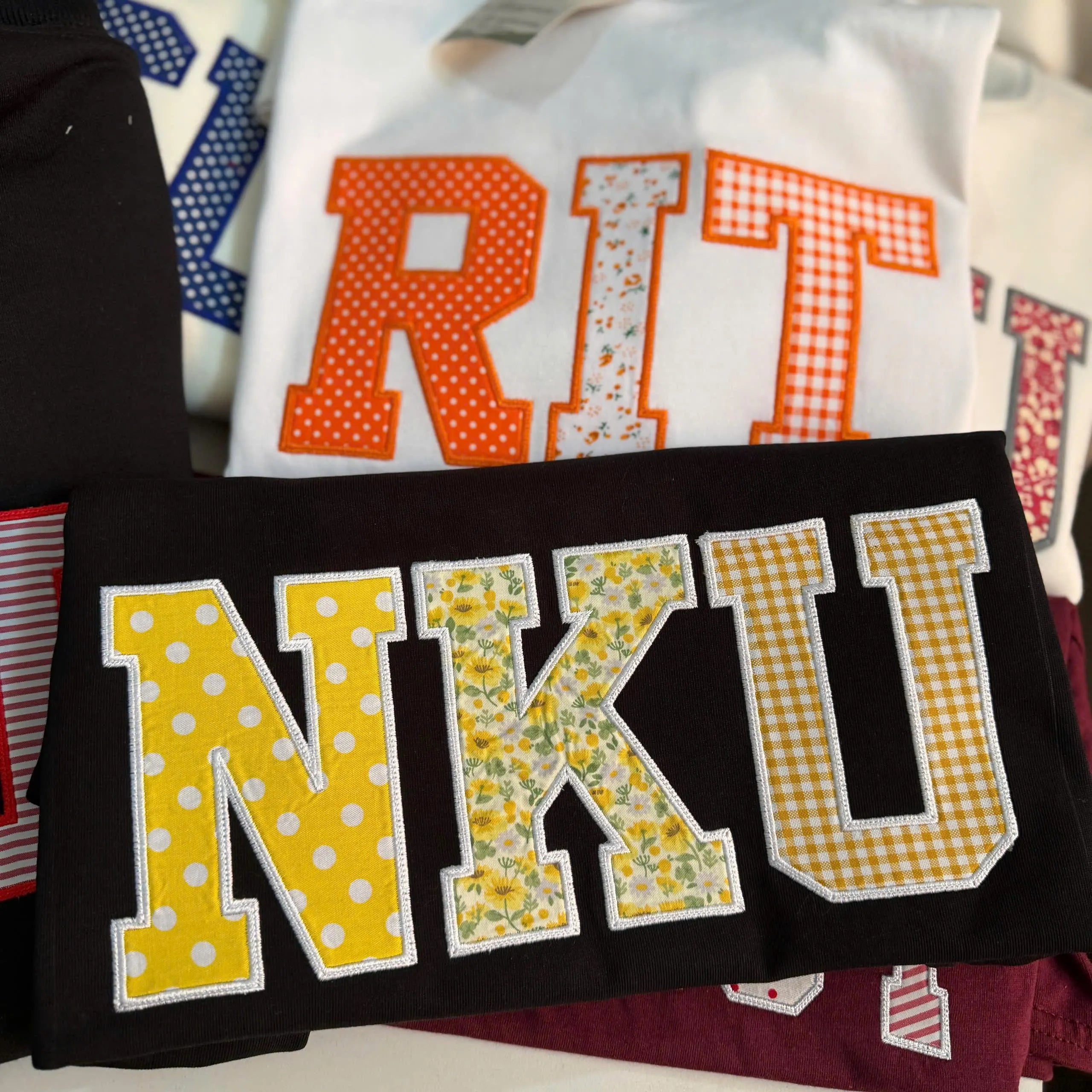 Custom Initials Patchwork Applique Sweatshirt, Personalized Varsity Crewneck, Yellow Floral Gingham College Style Gift