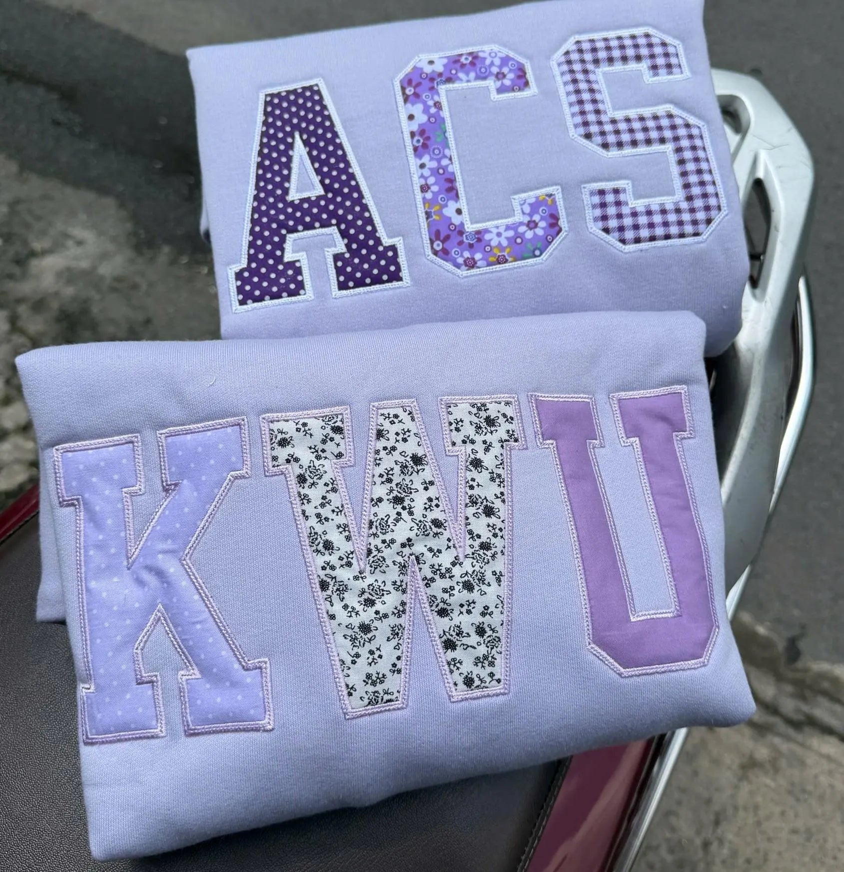 Personalized Lavender Patchwork Applique Crewneck, Custom Floral Varsity Embroidered Sweatshirt, Campus Style Student Gift
