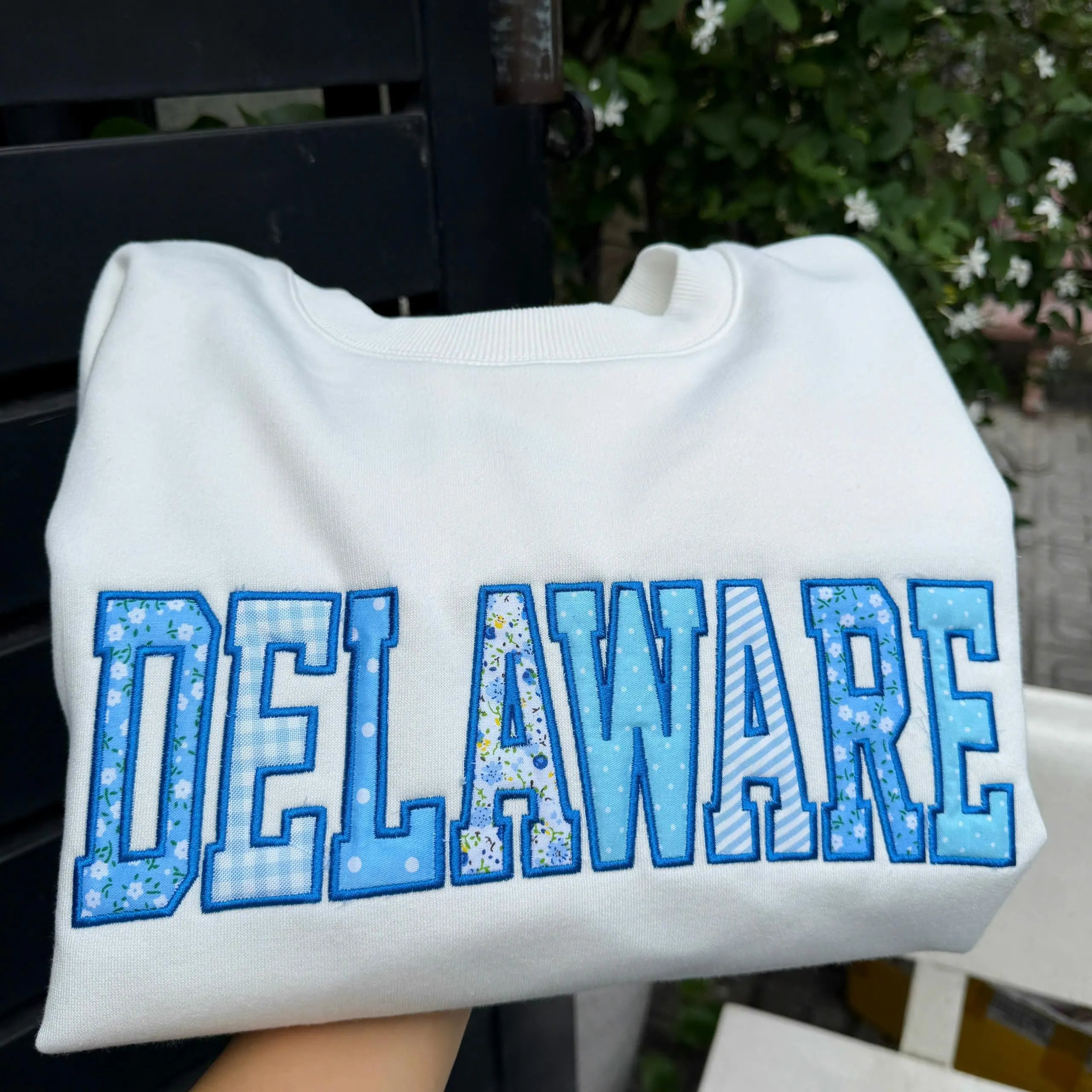 Blue Floral Patchwork Sweatshirt, Custom Mixed Print Applique Crewneck, Personalized Group Letter Campus Student Gift