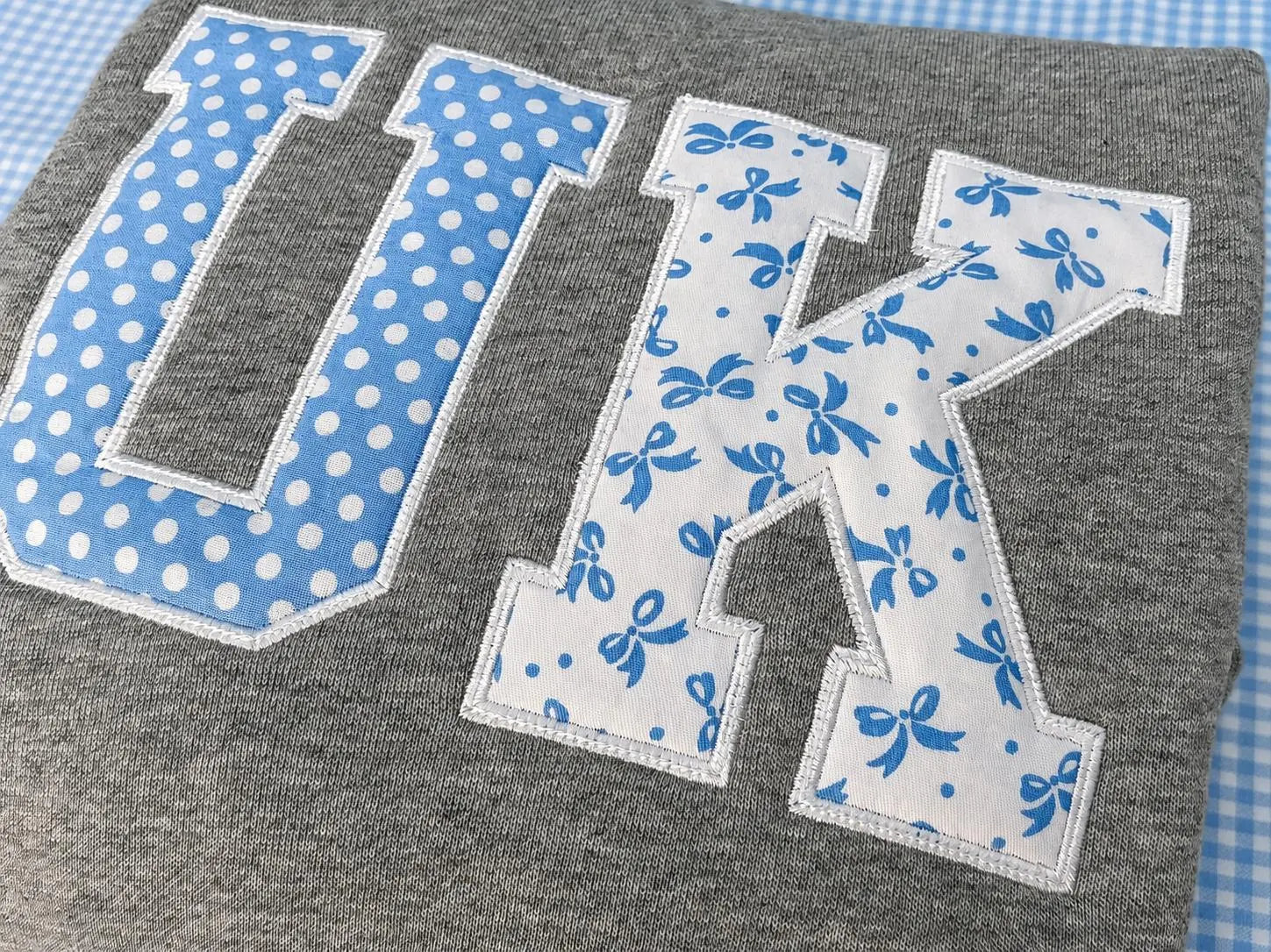 Custom Blue Applique Sweatshirt, Personalized Varsity Embroidered Crewneck, Grey Patchwork Pullover, Student Gift for Her