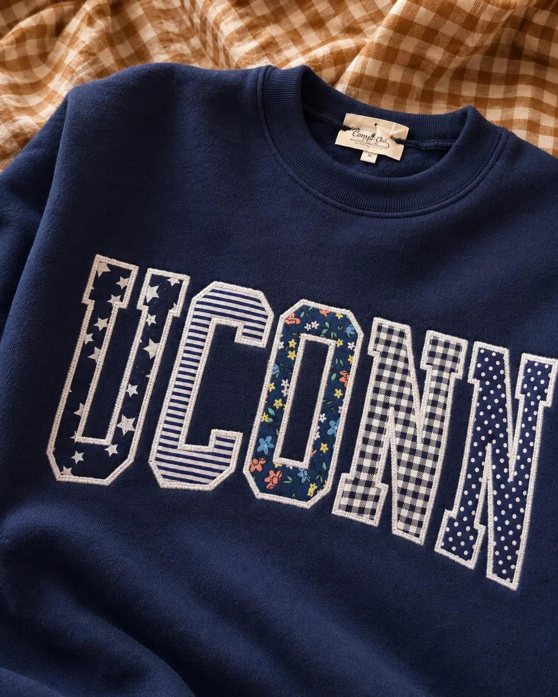 Custom Varsity Patchwork Sweatshirt, Personalized College Style Applique Crewneck, Navy Embroidered Pullover Gift