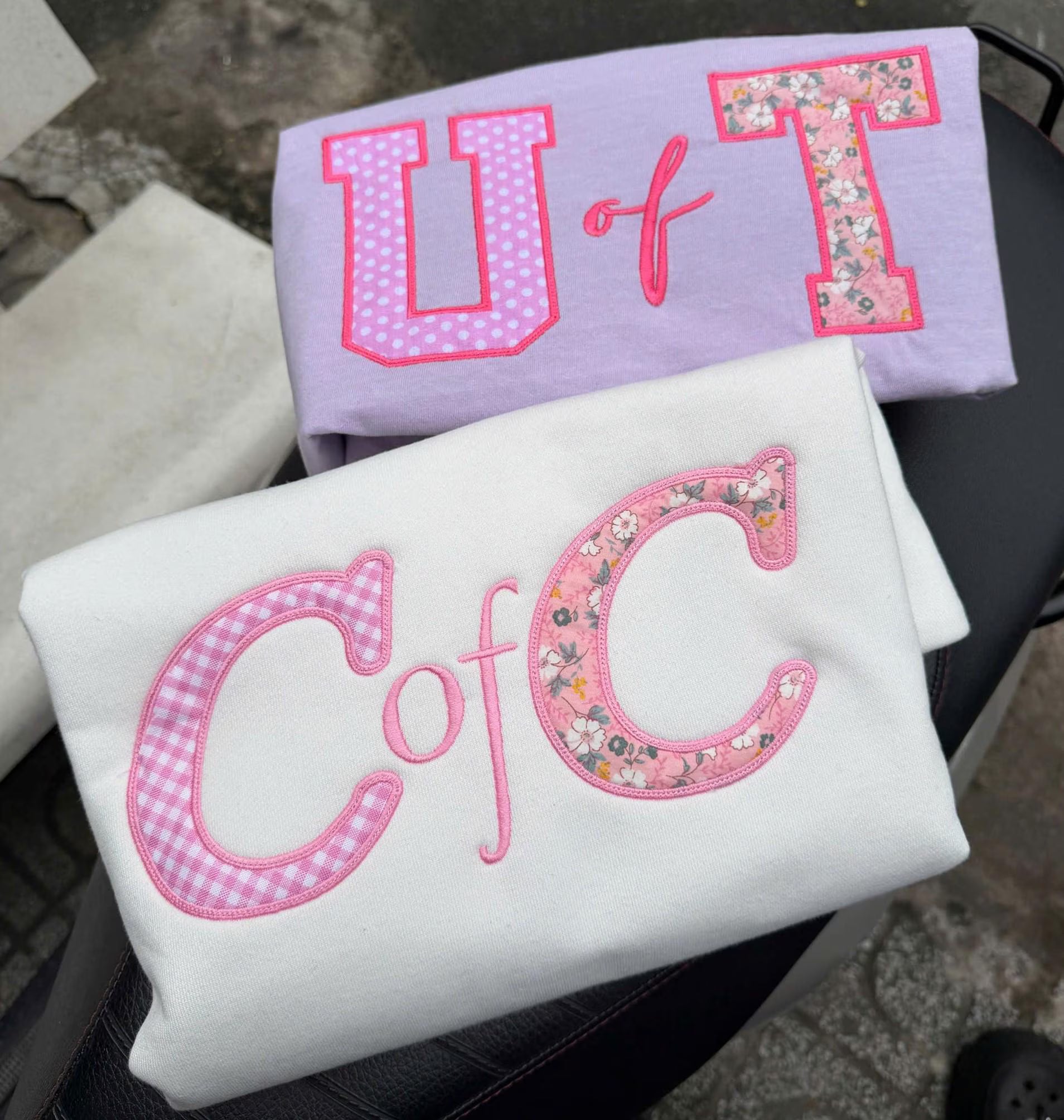 Pink Floral Gingham Applique Sweatshirt, Custom Varsity Letter Crewneck, Personalized Preppy Campus Pullover, Student Gift