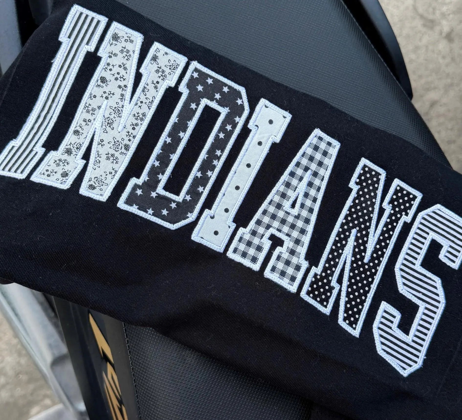 Custom Varsity Patchwork T Shirt, Personalized Applique Embroidered Tee, Black White Team Spirit Shirt, Group Gift Apparel