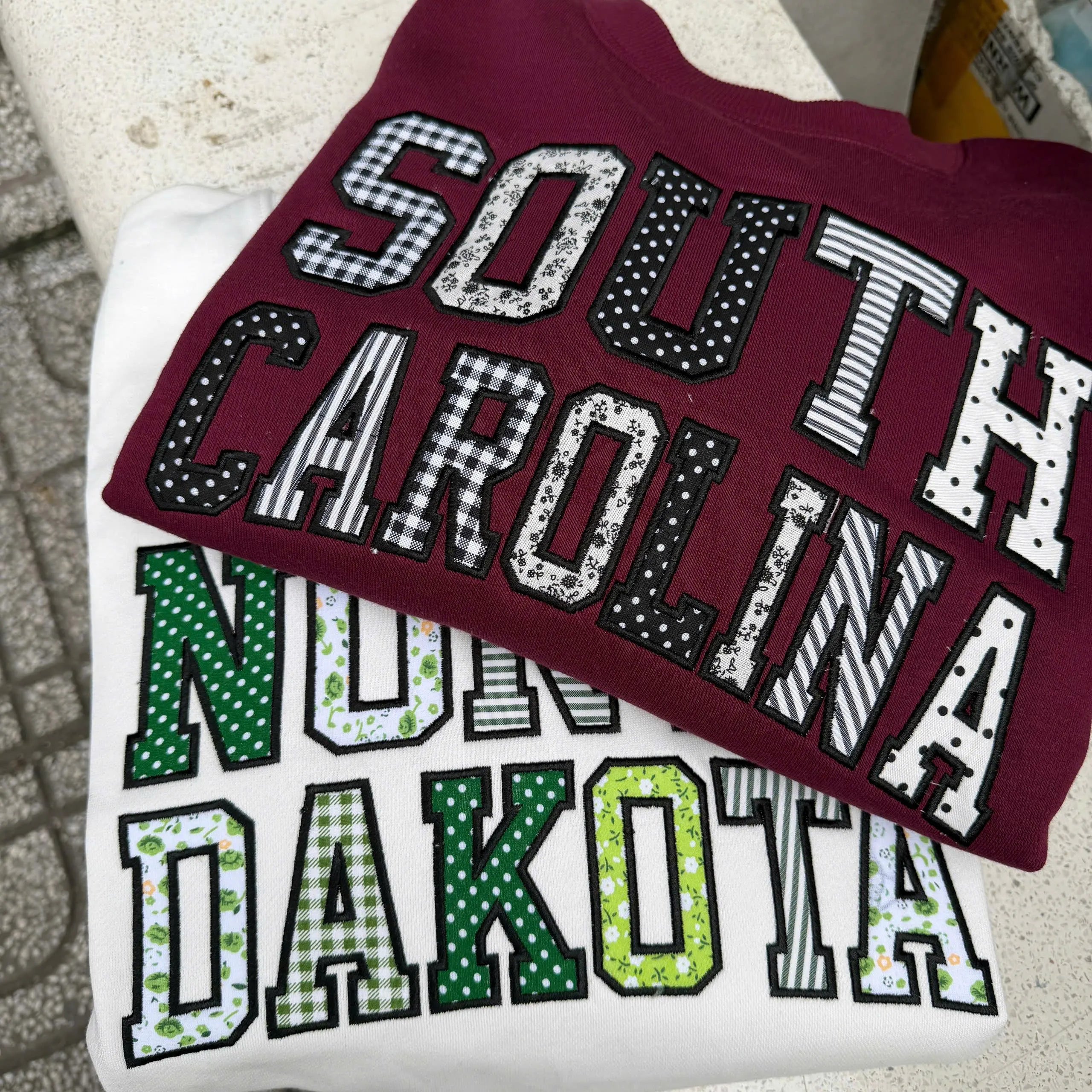 Custom State Patchwork Sweatshirt, Personalized Varsity Applique Crewneck, Gingham Floral Embroidered College Style Gift