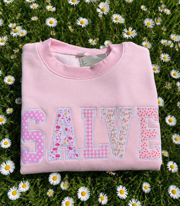 Custom Floral Patchwork Sweatshirt, Personalized Varsity Applique Crewneck, Pink Embroidered College Style Pullover Gift