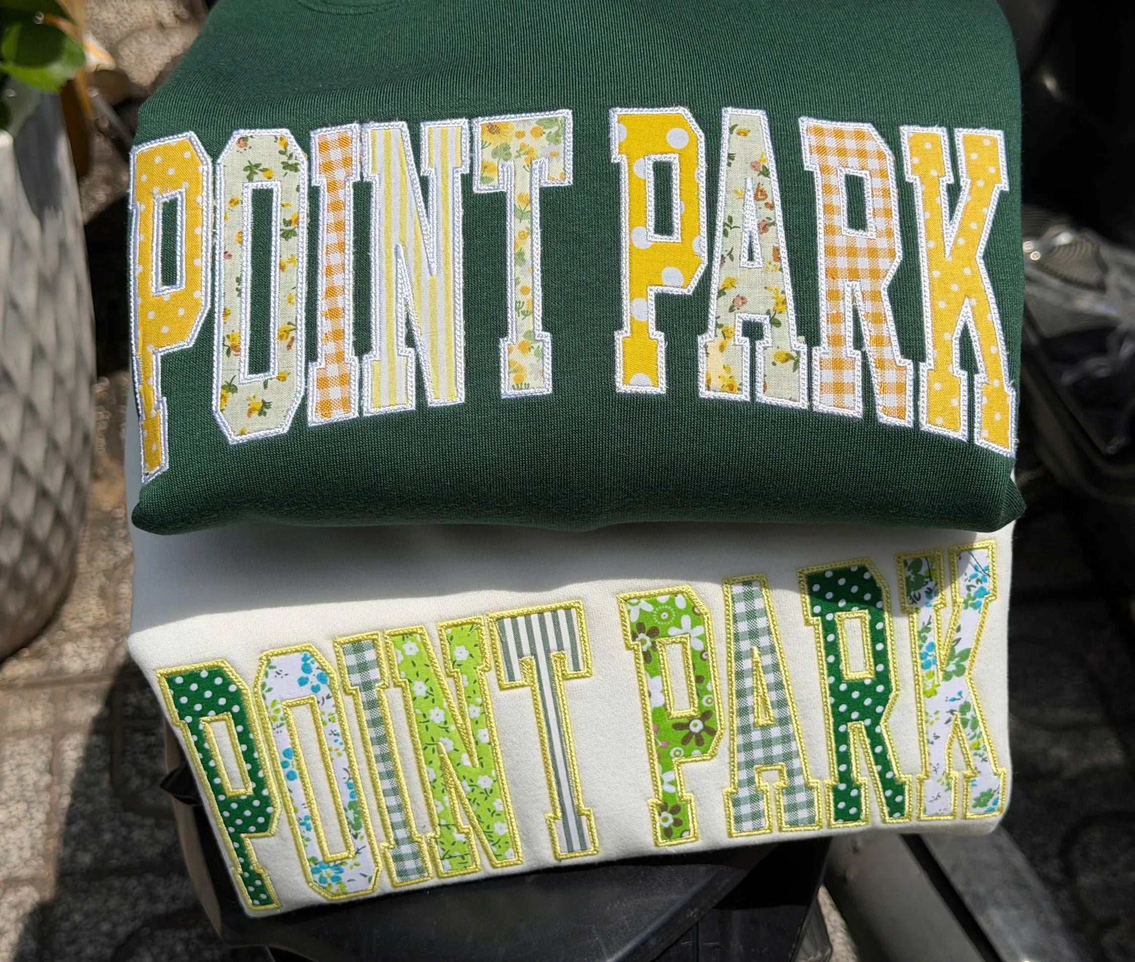 Green Yellow Patchwork Applique Sweatshirt, Custom Varsity Crewneck, Personalized Club Team Text Pullover, School Style Gift