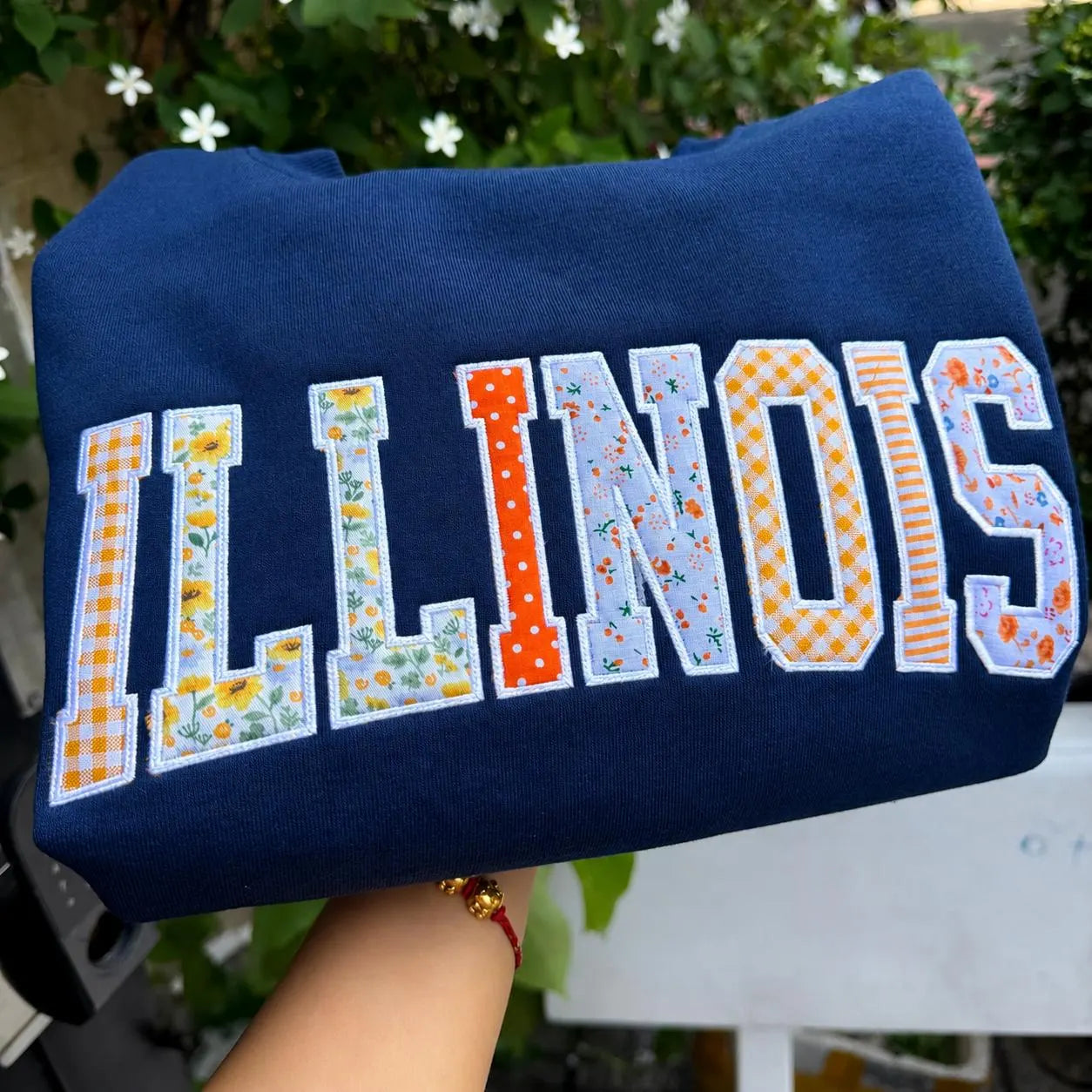Custom Varsity Patchwork Sweatshirt, Personalized Applique Embroidered Crewneck, Navy Orange College Style Gift Pullover