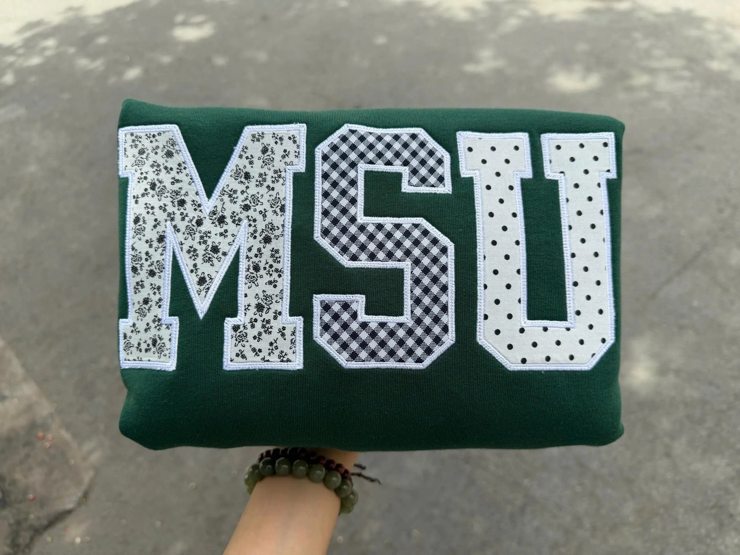 Personalized Varsity Patchwork Sweatshirt, Custom Applique Embroidered Crewneck, Green College Style Gift Pullover