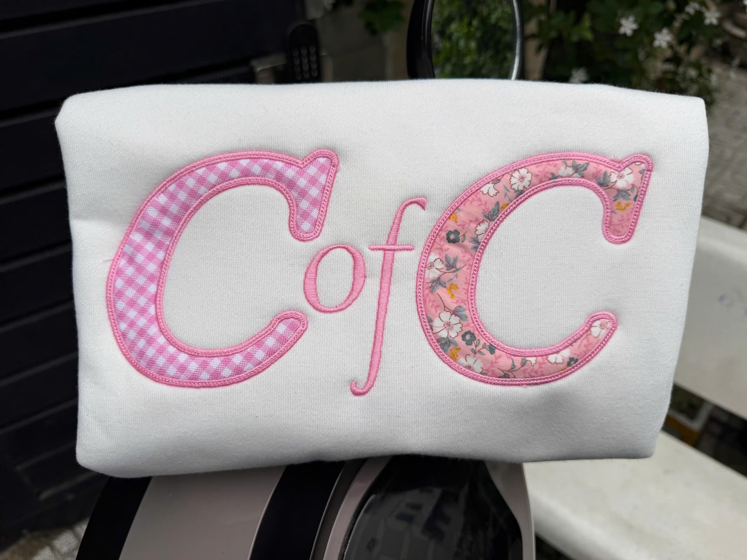 Pink Floral Gingham Applique Sweatshirt, Custom Varsity Letter Crewneck, Personalized Preppy Campus Pullover, Student Gift