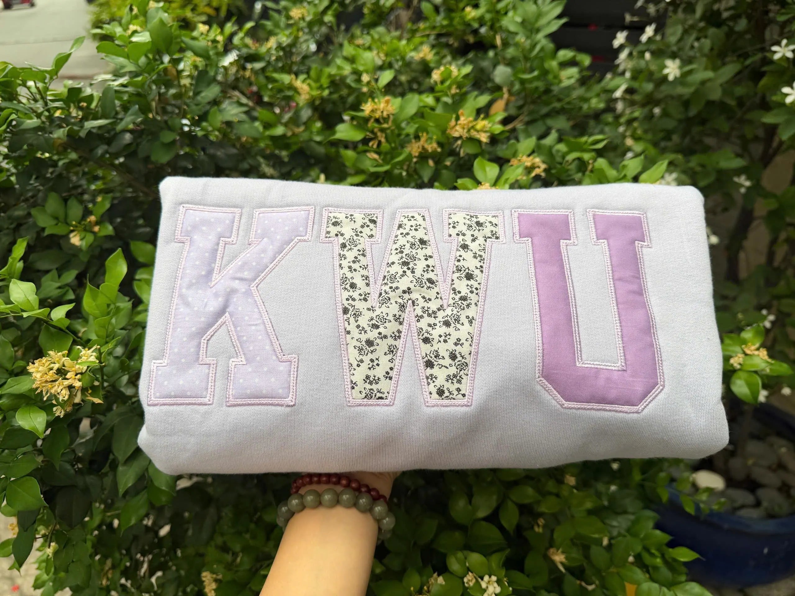 Personalized Lavender Patchwork Applique Crewneck, Custom Floral Varsity Embroidered Sweatshirt, Campus Style Student Gift