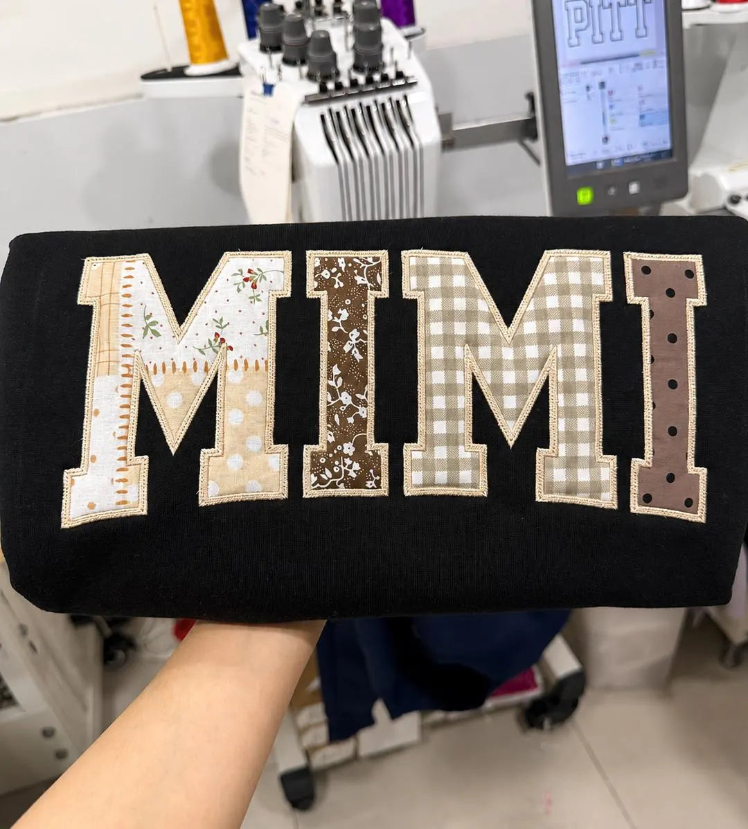 Neutral Patchwork Name Sweatshirt, Custom Nickname Applique Crewneck, Personalized Floral Gingham Pullover, Gift for Her