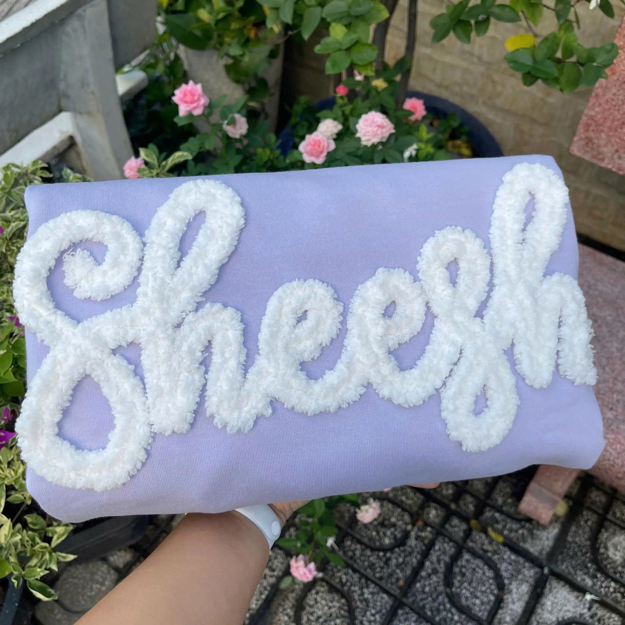 Plush Name Sweatshirt, Custom Chenille Script Crewneck, Personalized Team Color Word Sweater, Matching Squad Gift
