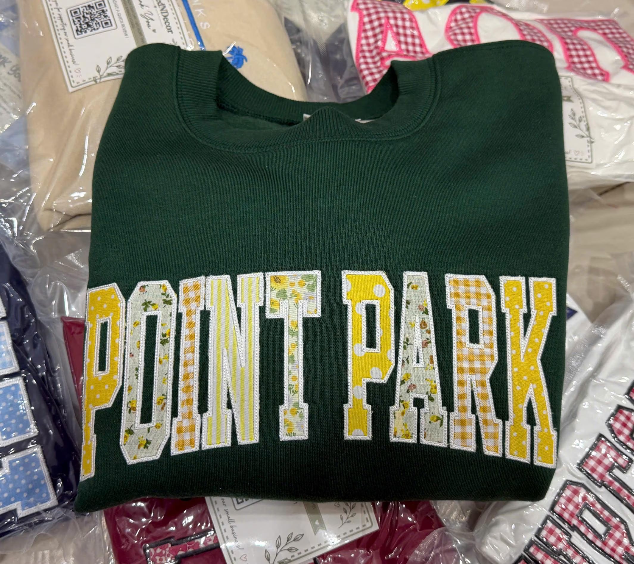 Green Yellow Patchwork Applique Sweatshirt, Custom Varsity Crewneck, Personalized Club Team Text Pullover, School Style Gift