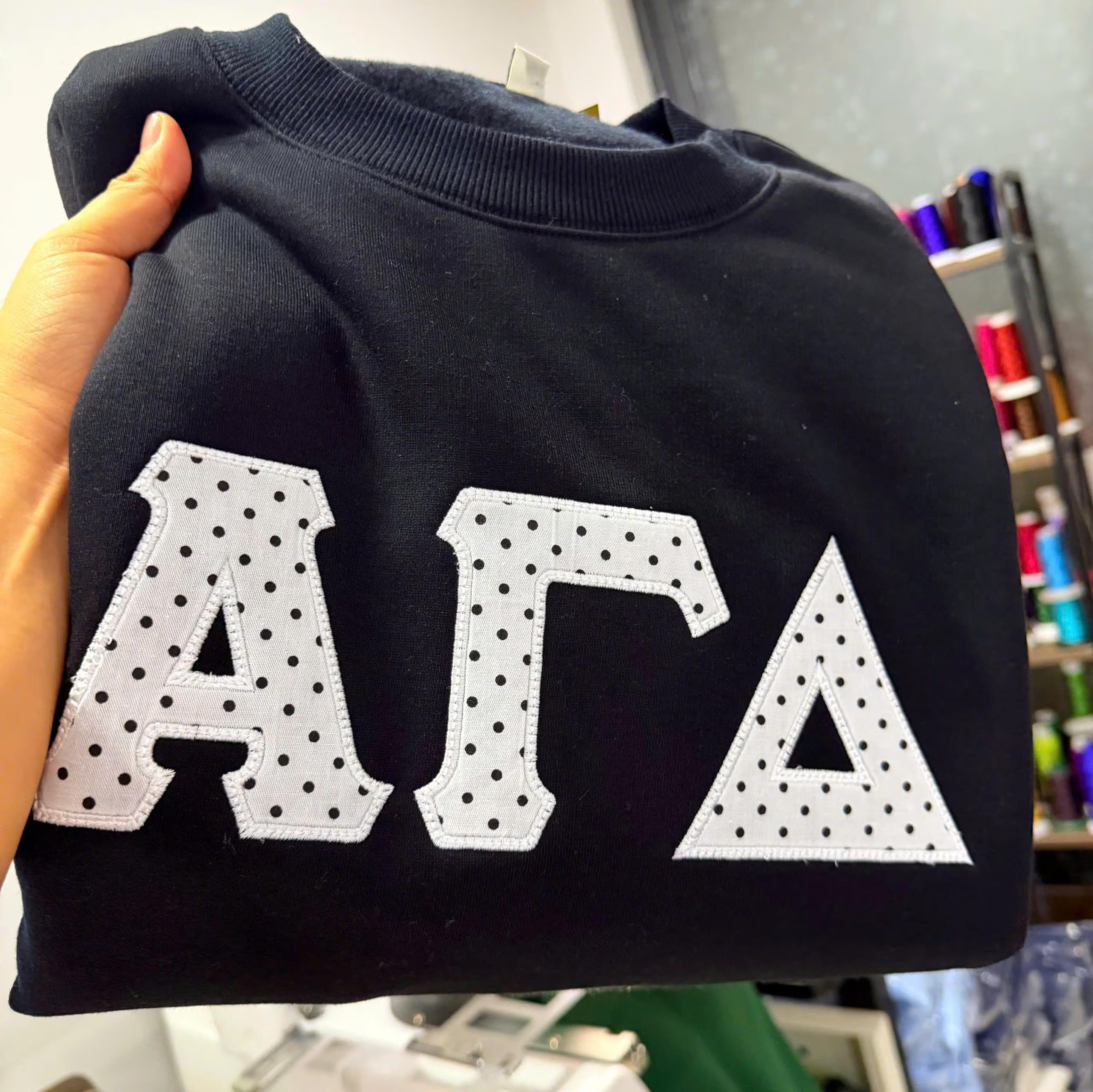 Custom Greek Letter Sweatshirt, Polka Dot Applique Embroidered Crewneck, Personalized Sorority Style Sweater, Greek Life Gift