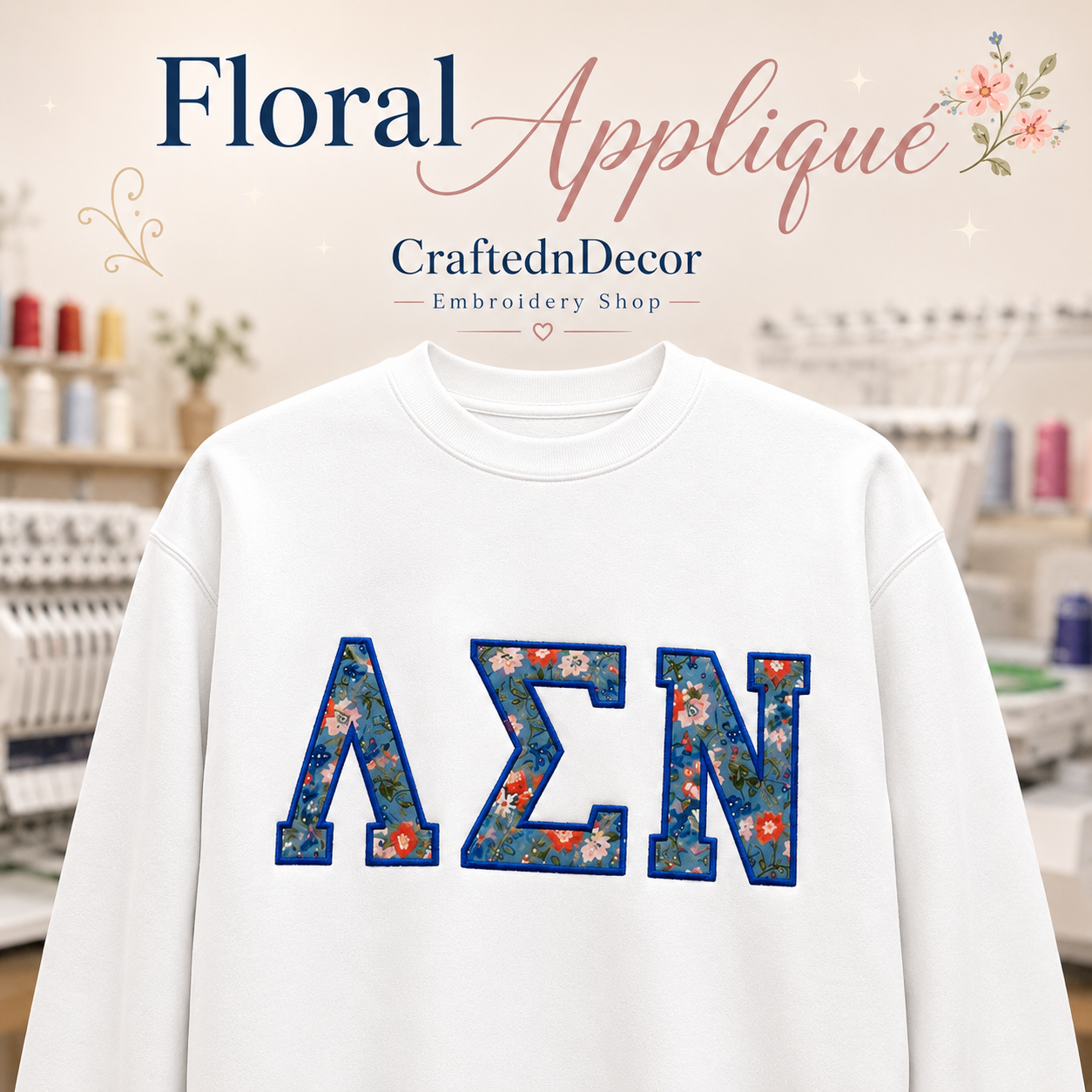 Custom Floral Greek Letter Sweatshirt Team, Personalized Sorority Crewneck Group, Pink Applique Embroidered Shirt, Custom Name Gift Apparel