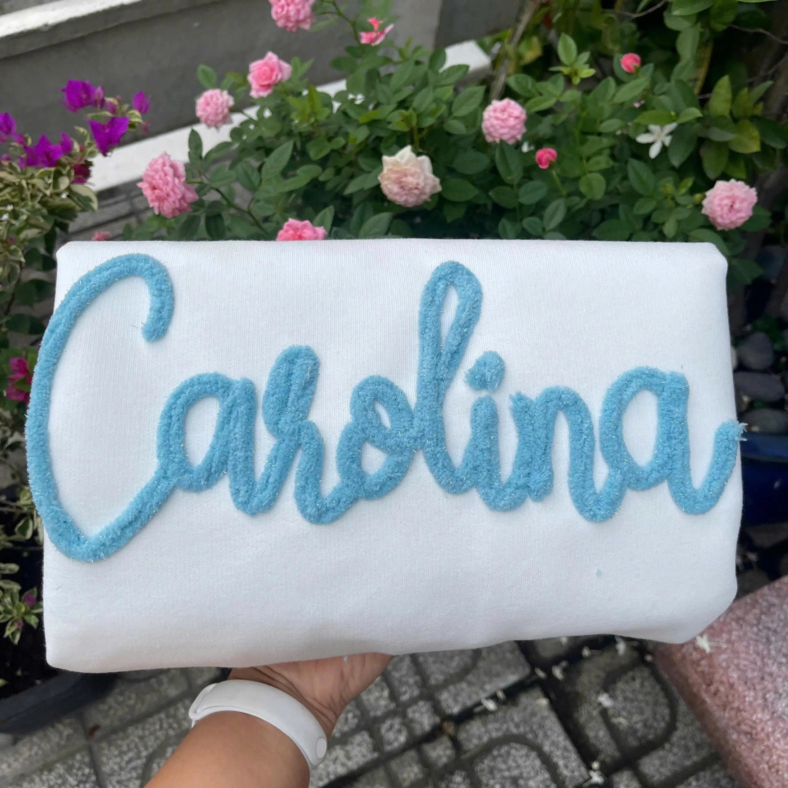 Plush Name Sweatshirt, Custom Chenille Script Crewneck, Personalized Team Color Word Sweater, Matching Squad Gift