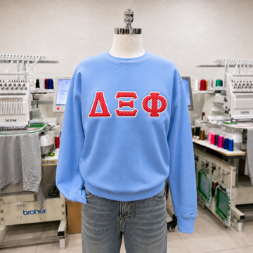 Custom Embroidered Greek Letter Merch Sweatshirt, Personalized Varsity College Applique Crewneck, Preppy Collegiate Campus Gift Pullover