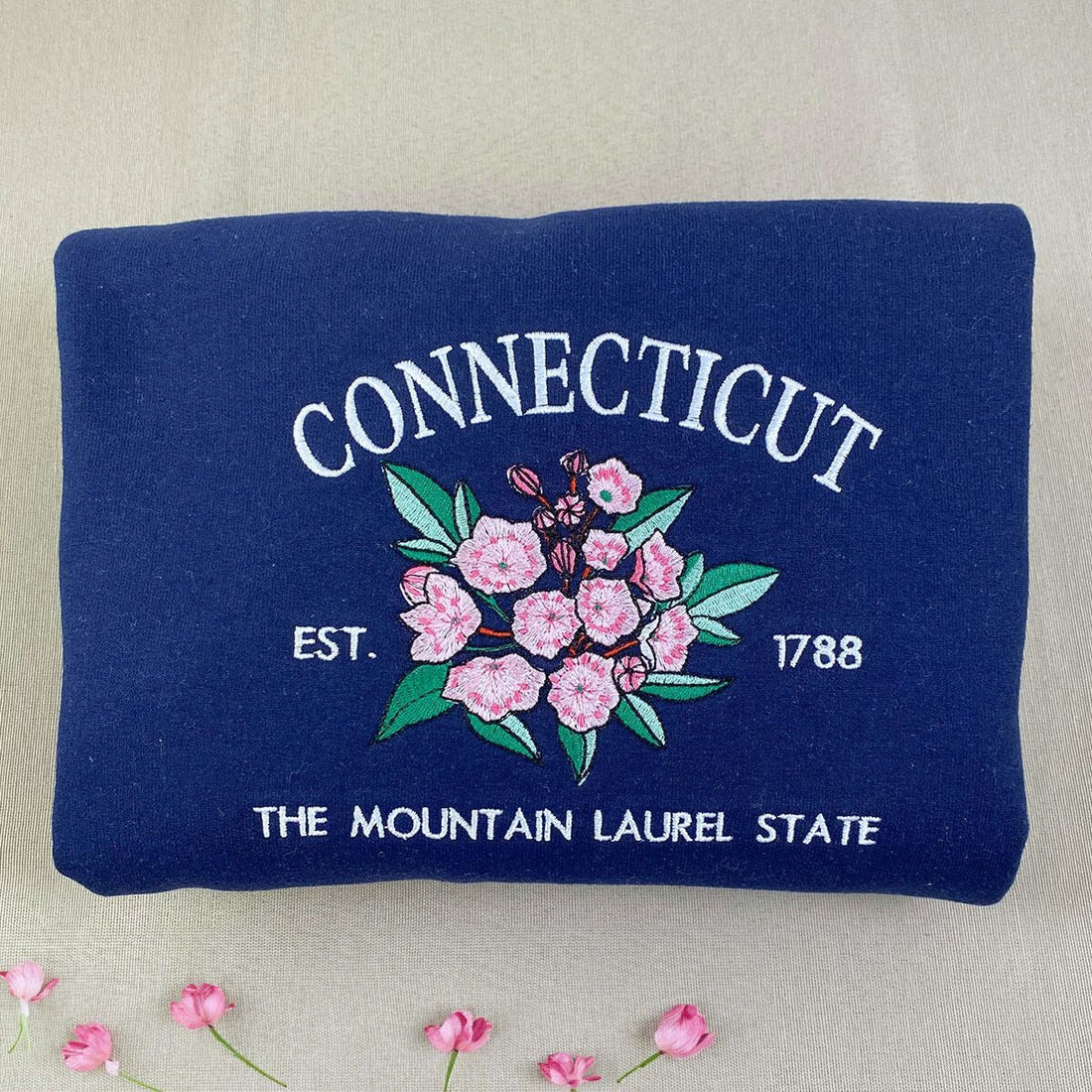 Connecticut State Sweatshirt or Hoodie, Embroidered Gift - Est. 1788 Mountain Laurel Flower