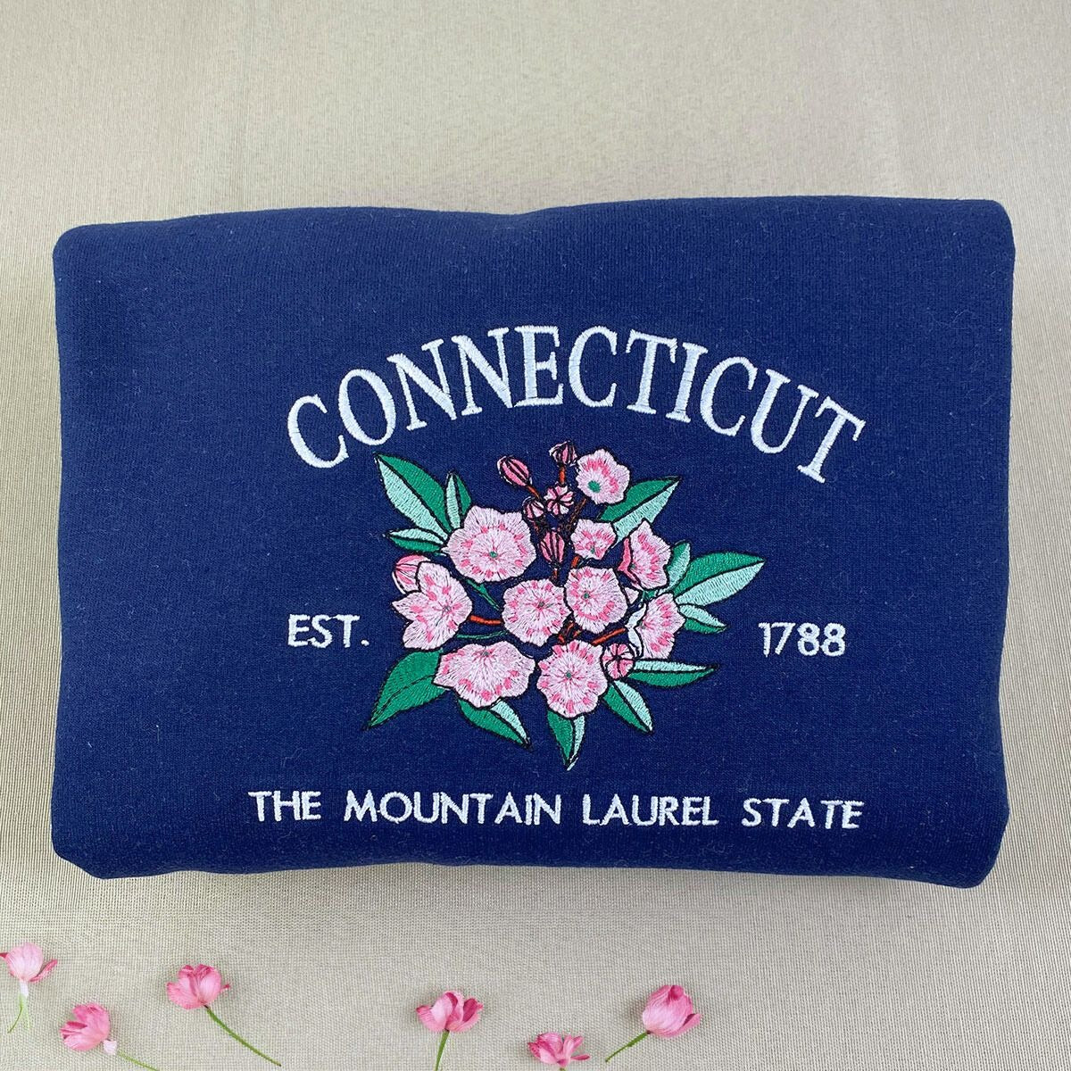 Connecticut State Sweatshirt or Hoodie, Embroidered Gift - Est. 1788 Mountain Laurel Flower