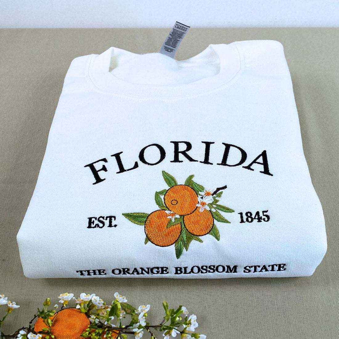 Florida State Sweatshirt or Hoodie, Embroidered Gift - Est. 1845 Orange Blossom Flower
