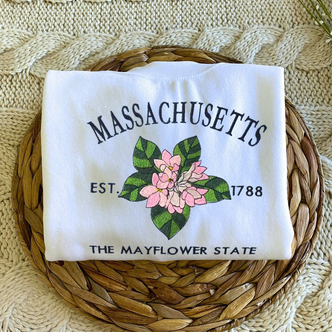 Massachusetts State Sweatshirt or Hoodie, Embroidered Gift - Est. 1788 Mayflower Flower
