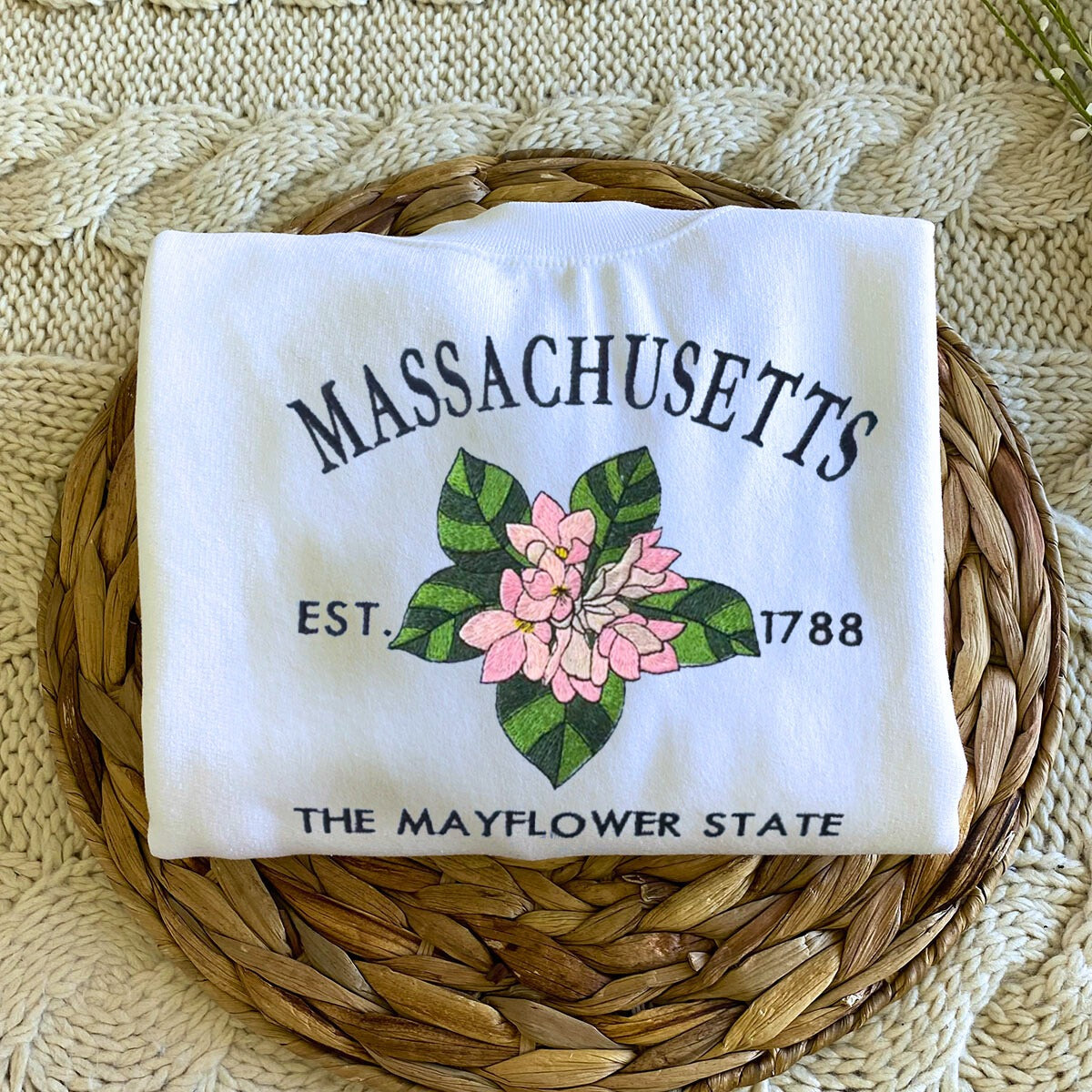 Massachusetts State Sweatshirt or Hoodie, Embroidered Gift - Est. 1788 Mayflower Flower