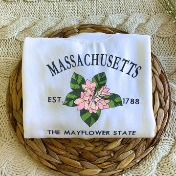 Massachusetts State Sweatshirt or Hoodie, Embroidered Gift - Est. 1788 Mayflower Flower