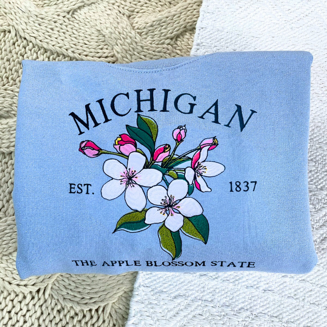 Michigan State Sweatshirt or Hoodie, Embroidered Gift - Est. 1837 Apple Blossom Flower