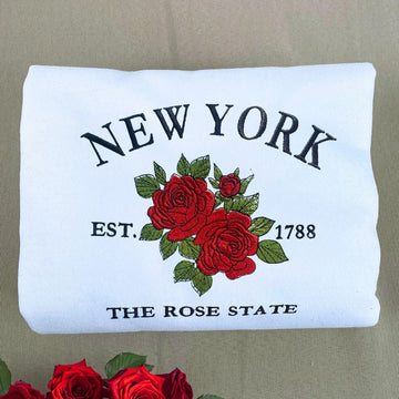 New York State Sweatshirt or Hoodie, Embroidered Gift - Est. 1788 Rose Flower