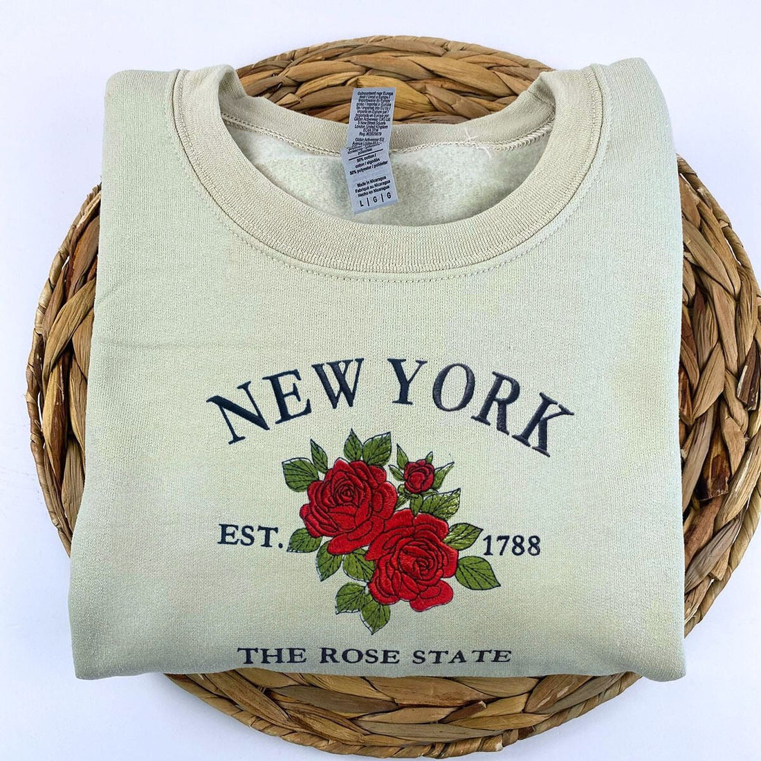 New York State Sweatshirt or Hoodie, Embroidered Gift - Est. 1788 Rose Flower