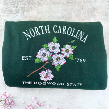 North Carolina State Sweatshirt or Hoodie, Embroidered Gift - Est. 1789 Dogwood Flower