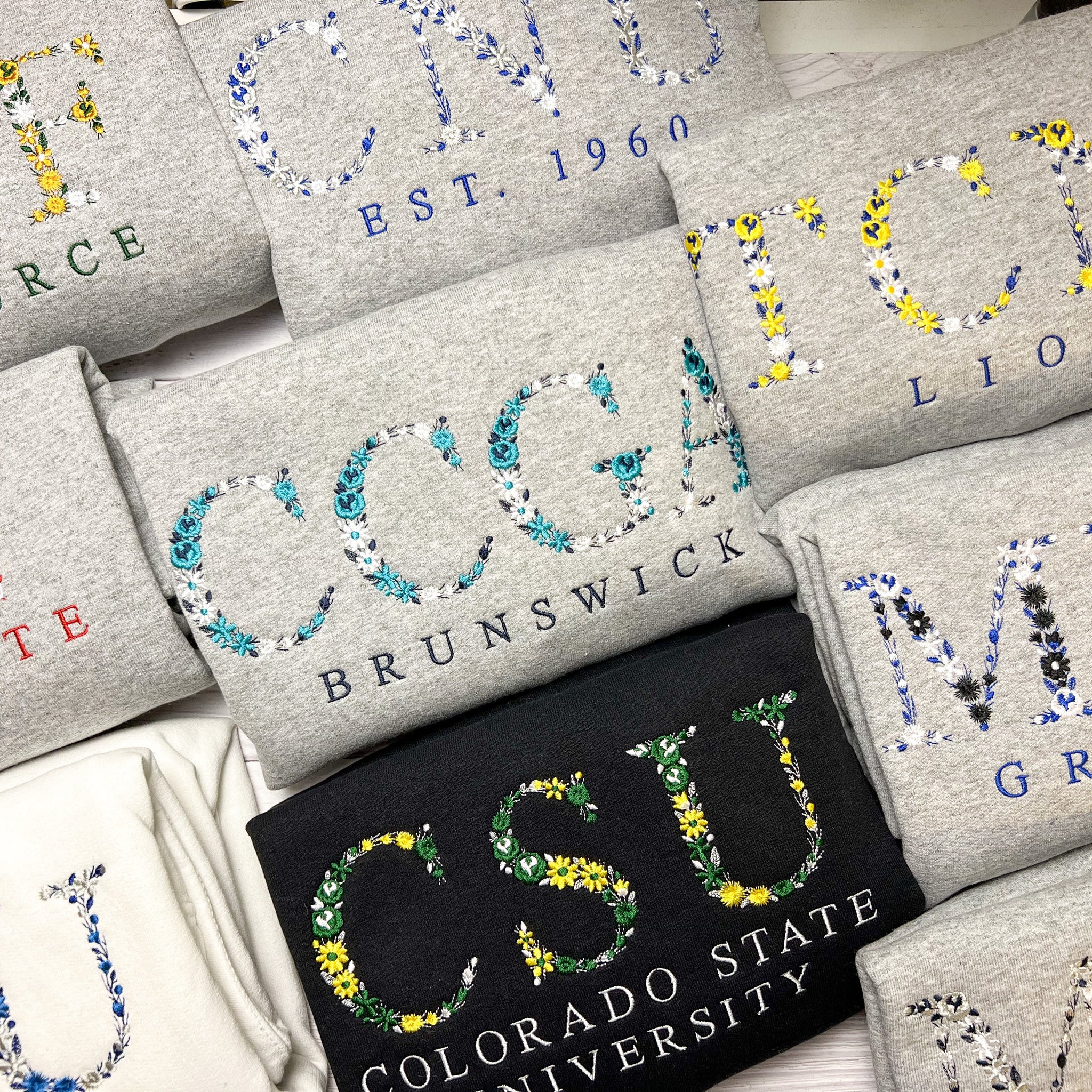 CUSTOMIZABLE Floral University Embroidered Crewneck/Hoodie