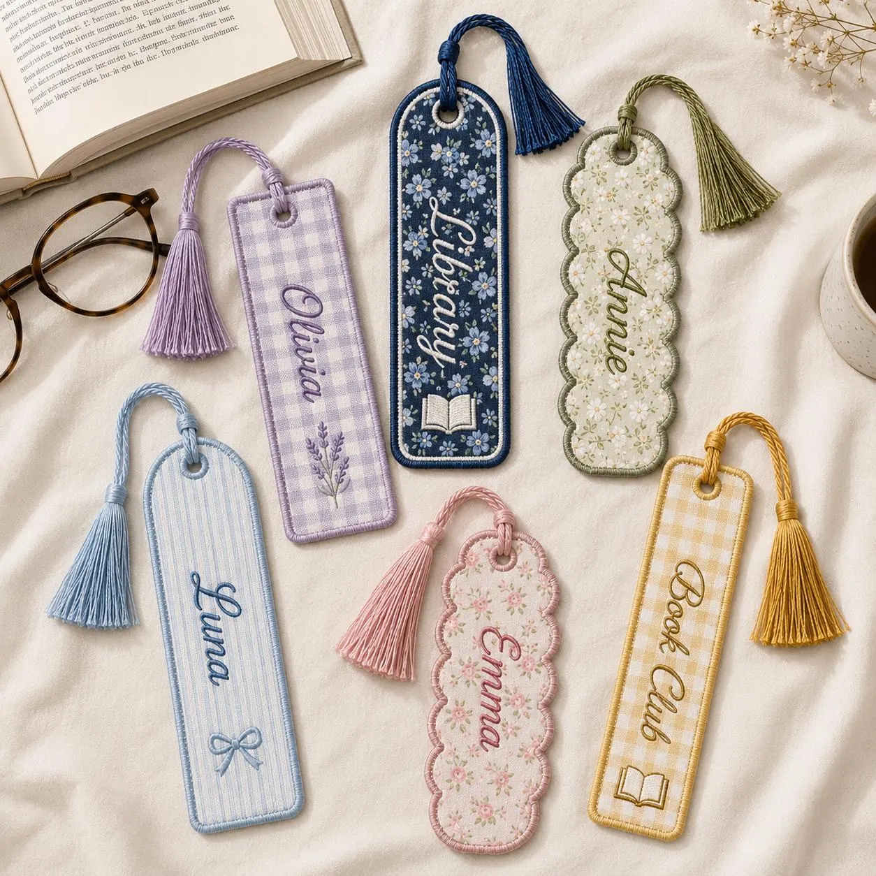 Personalized Embroidered Bookmark, Custom Name Fabric Book Marker with Tassel, Floral Reader Gift, Teacher Book Lover Stocking Stuffer